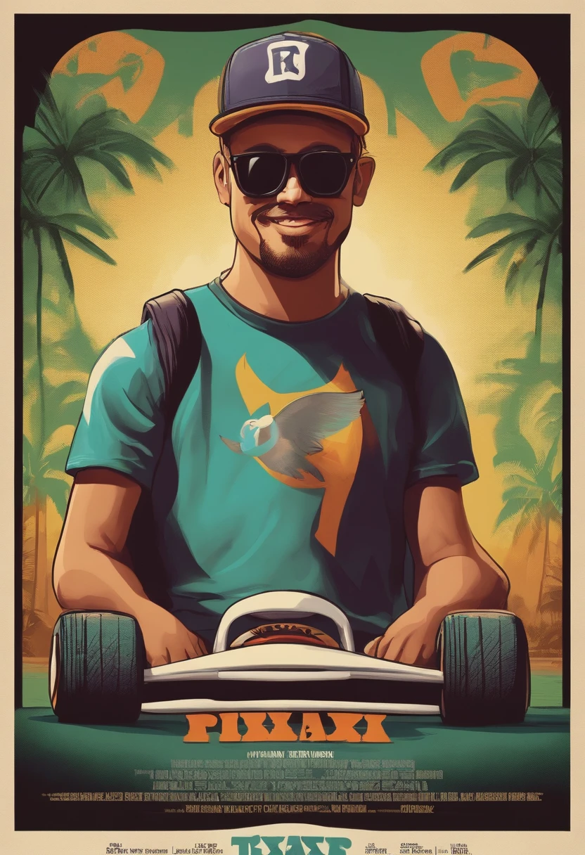 cartaz da pixar no estilo tony hawks, com um personagem gordinho, wearing a cap and goatee, camiseta branca e bermuda preta