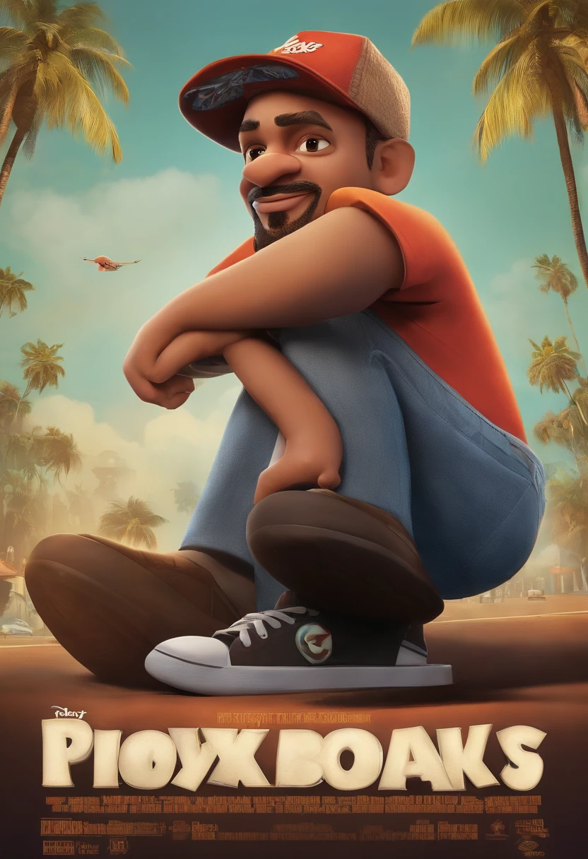 cartaz da pixar no estilo tony hawks, com um personagem gordinho, wearing a cap and goatee, camiseta branca e bermuda preta