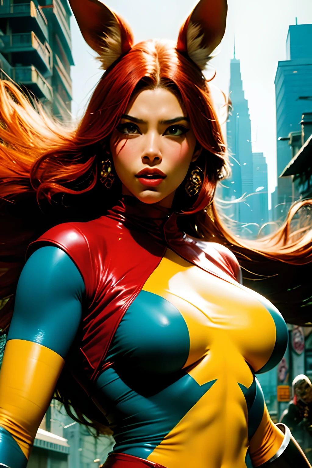 Um closeup da poderosa Superheroina Raposa Flamejante,belissima,sensual e imponente protagonista,imagem de corpo inteiro,Arte detalhista e perfeita inspirada na linha de John Buscema,Inspired by the superheroes of the 60s.