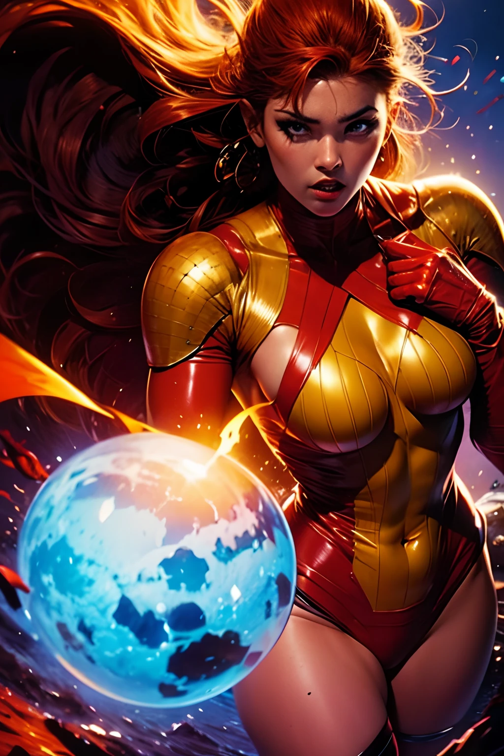 Um closeup da poderosa Superheroina Raposa Flamejante,belissima,sensual e imponente protagonista,imagem de corpo inteiro,Arte detalhista e perfeita inspirada na linha de John Buscema,Inspired by the superheroes of the 60s.