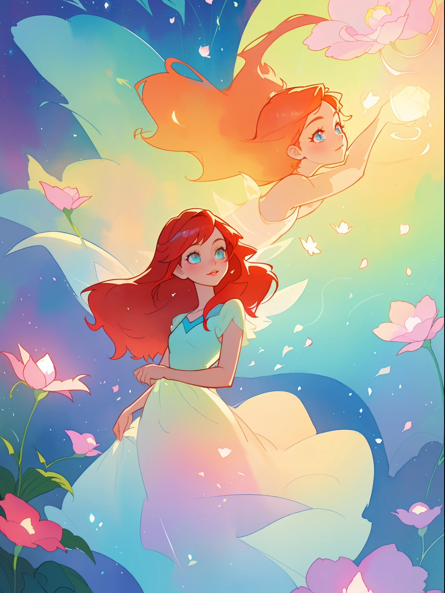 beautiful girl in flowing shimmering dress, fairy dress, long red hair, magical, whimsical, watercolor illustration, flowers and colorful plants, inspired by Glen Keane, inspired by Lois van Baarle, disney art style, by Lois van Baarle, glowing aura around her, by Glen Keane, jen bartel, glowing lights! digital painting, flowing glowing hair, glowing flowing hair, beautiful digital illustration, fantasia otherworldly landscape plants flowers, beautiful, masterpiece, best quality, anime disney style