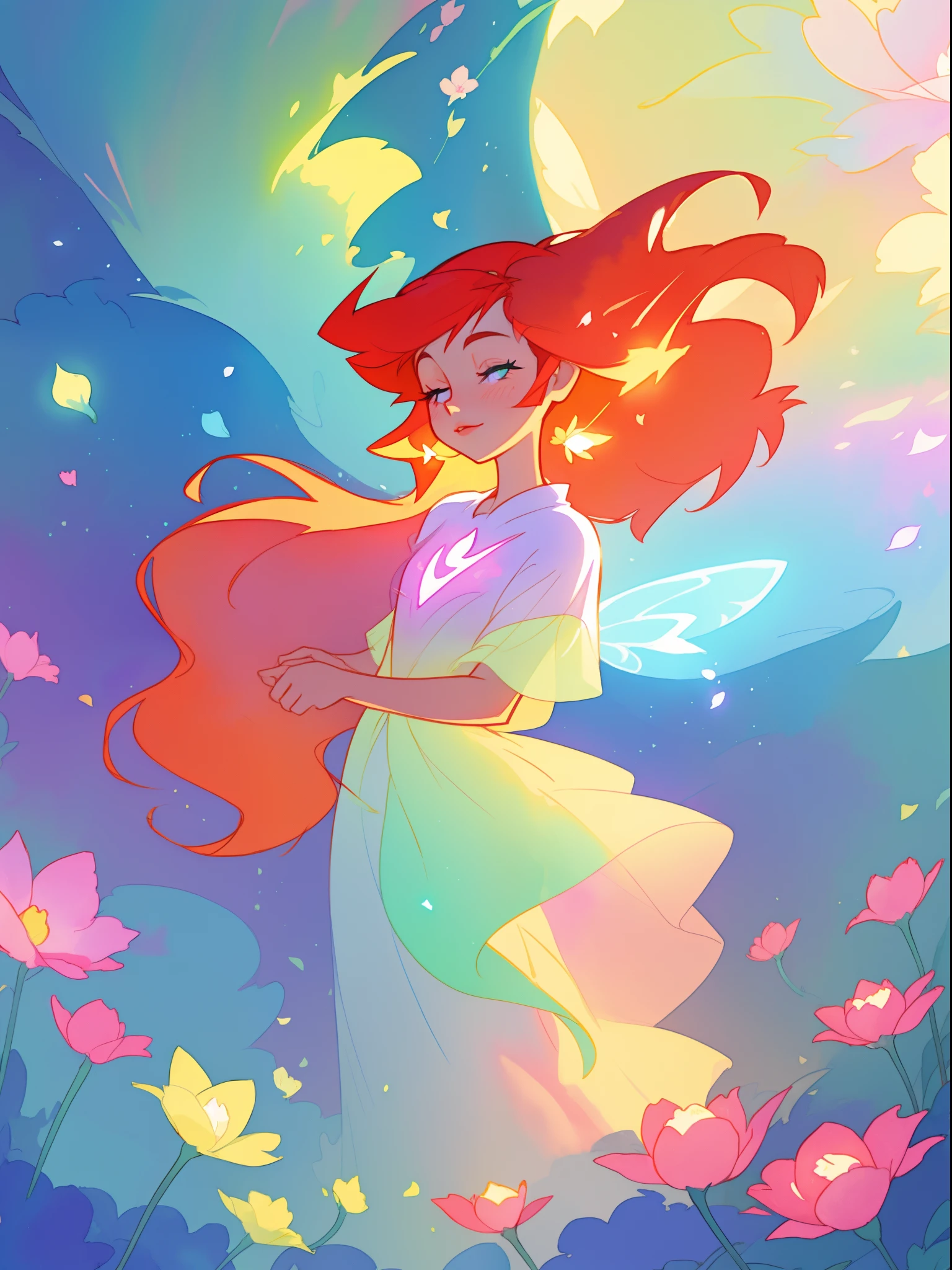 beautiful girl in flowing shimmering dress, fairy dress, long red hair, magical, whimsical, watercolor illustration, flowers and colorful plants, inspired by Glen Keane, inspired by Lois van Baarle, disney art style, by Lois van Baarle, glowing aura around her, by Glen Keane, jen bartel, glowing lights! digital painting, flowing glowing hair, glowing flowing hair, beautiful digital illustration, fantasia otherworldly landscape plants flowers, beautiful, masterpiece, best quality, anime disney style