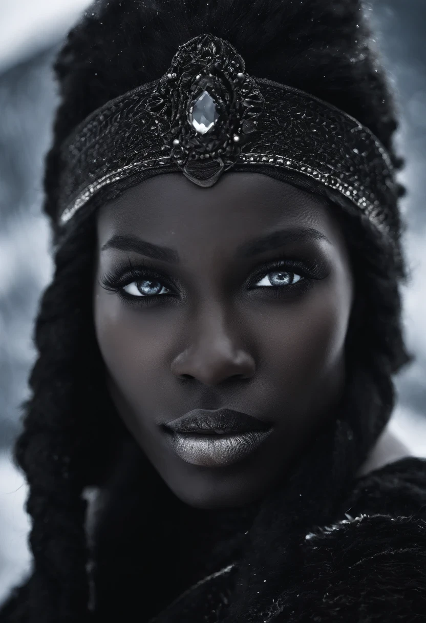 Um guerreiro negro de pele escura, com cabelo preto, olhos sombrios e uma cicatriz no olho esquerdo, em formato de um cristal de gelo, the result of his relationship with the icy element. Her dark skin and piercing eyes reflect her power and her leadership role among the Ice Warriors.