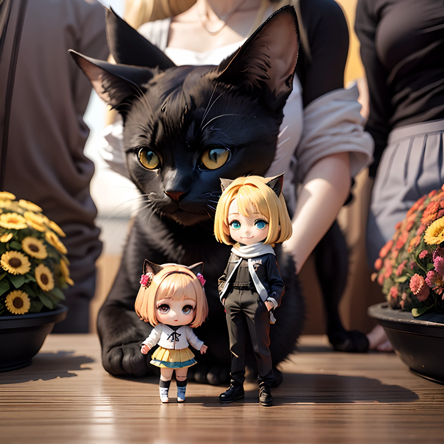 masterpiece、top-quality、ultra-detailliert、(Chibi Chara's Daughter:1.2)、A cute chibi character with a black cat face、Black Bob、wraith、Holding a black cat、The background is Van Gogh's painting of autumn flowers、Standing、A smile、