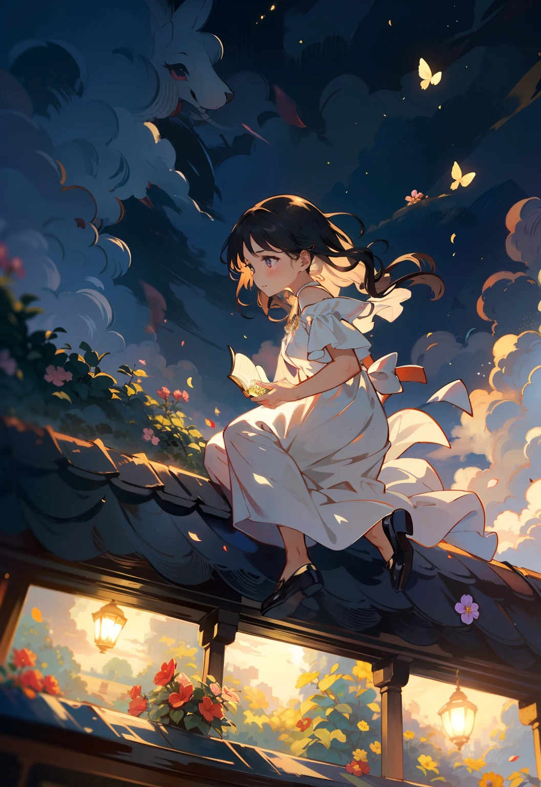 4. Maroon bookish time：Beautiful maiden sitting on the roof of a running train，She wore a dress，Read books with enthusiasm，Surrounded by the scent of books and warm lighting。Princess Alice's Wonderland slowly clears the fog，Enchanting scenery Xu々Spread up。Dressed in a gorgeous dress。She coexists with charming magical animals，Her long, Silky hair fluttering in the breeze。Flowers with colorful petals々々，It adds a mystical charm to her arrival。