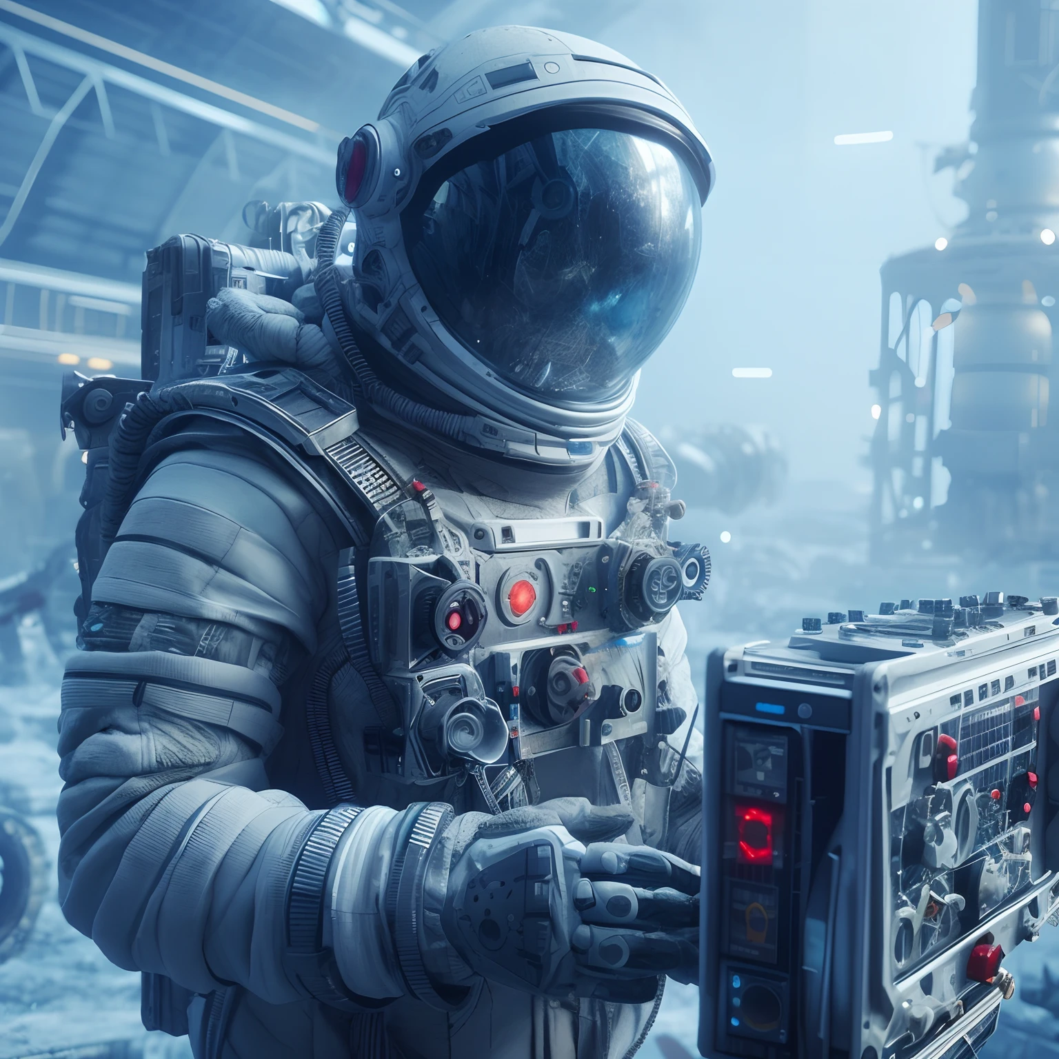 arafed astronaut in a space suit holding a camera and a video game, sci-fi cinematic movie still, anton fadeev 8 k, beeple. octane render, octane render sci - fi, 8k vfx render, 8 k movie still, cinematic beeple, from a 2 0 1 9 sci fi 8 k movie