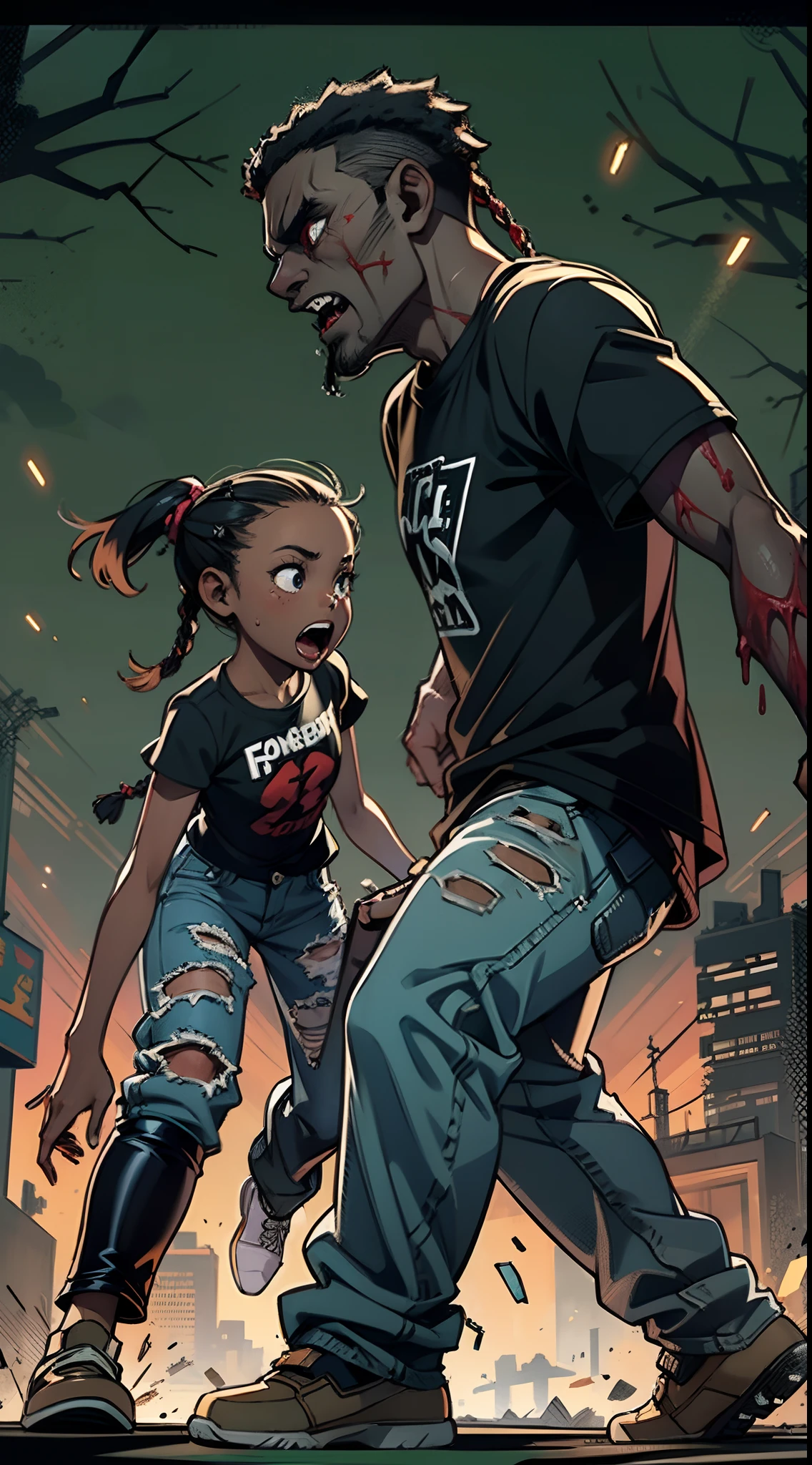 young kid (dark skin girl) with braids grabs zombie by the neck, choking tall adult man zombie, fighting each other, fighter, angry, (jeans and black t-shirt)