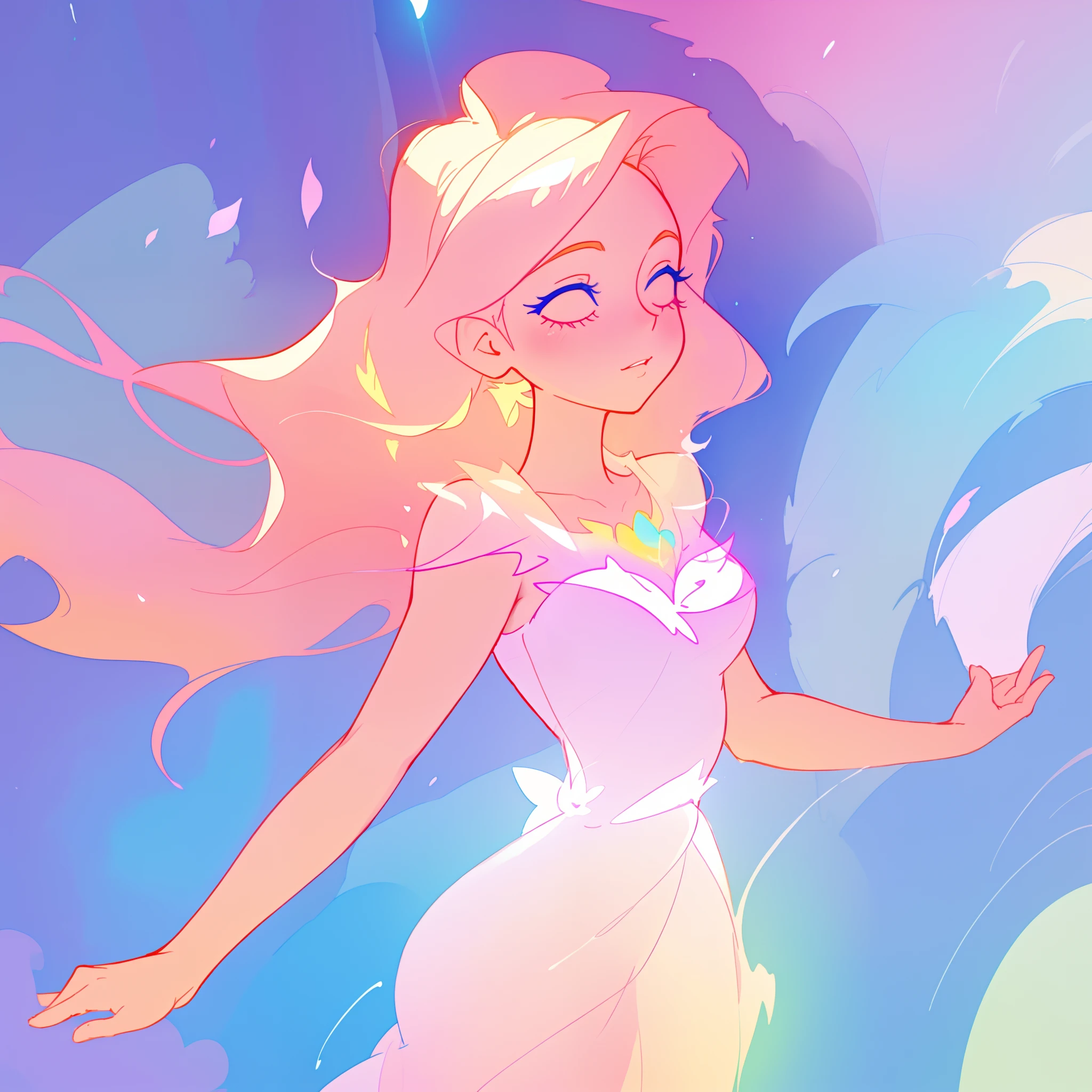 beautiful girl in pale pink dress, fairy dress, long peach and golden hair, watercolor illustration, inspired by Glen Keane, inspired by Lois van Baarle, disney art style, by Lois van Baarle, glowing aura around her, by Glen Keane, jen bartel, glowing lights! digital painting, flowing glowing hair, glowing flowing hair, beautiful digital illustration, fantasia otherworldly landscape plants flowers, beautiful, masterpiece, best quality, anime disney style