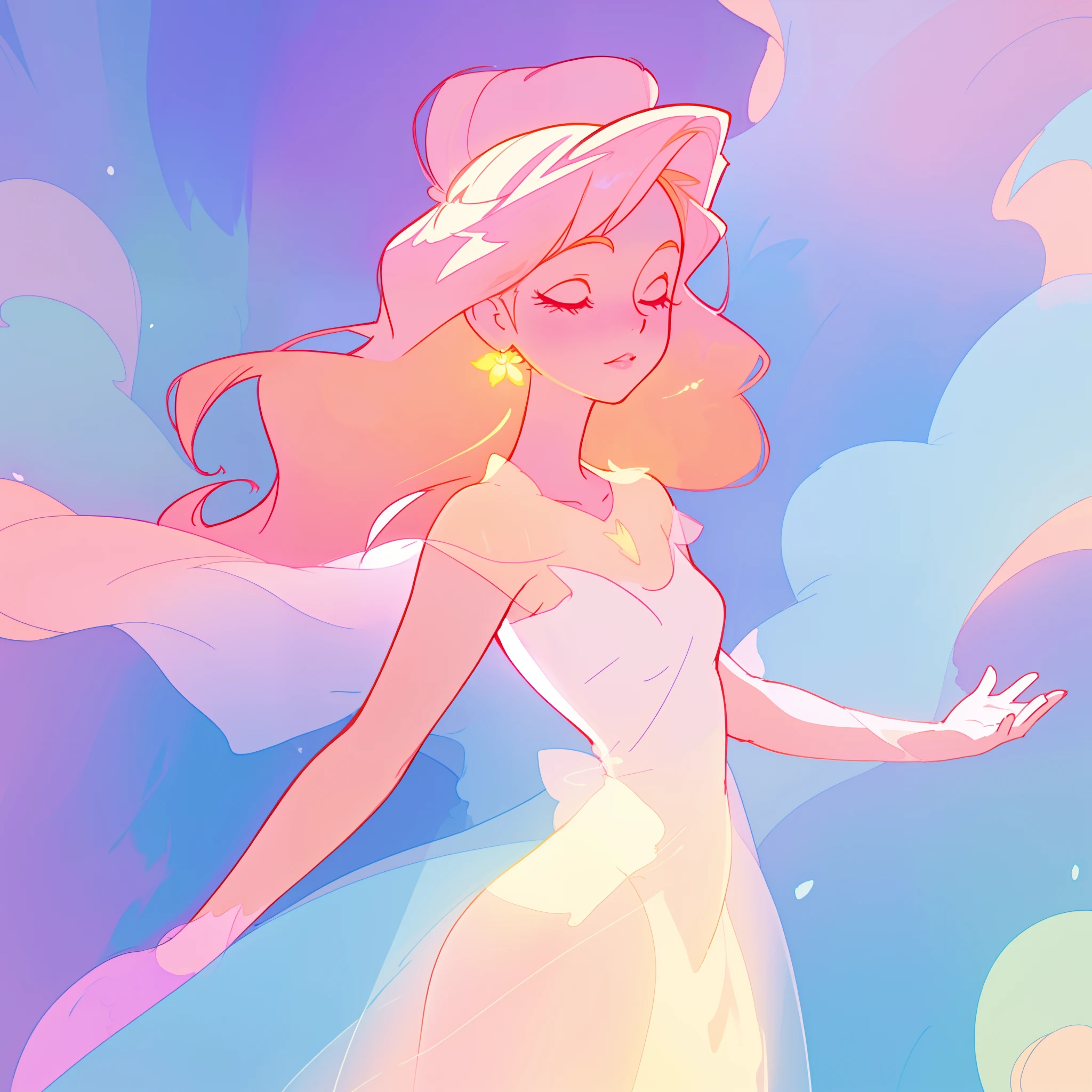 beautiful girl in pale pink dress, fairy dress, long peach and golden hair, watercolor illustration, inspired by Glen Keane, inspired by Lois van Baarle, disney art style, by Lois van Baarle, glowing aura around her, by Glen Keane, jen bartel, glowing lights! digital painting, flowing glowing hair, glowing flowing hair, beautiful digital illustration, fantasia otherworldly landscape plants flowers, beautiful, masterpiece, best quality, anime disney style
