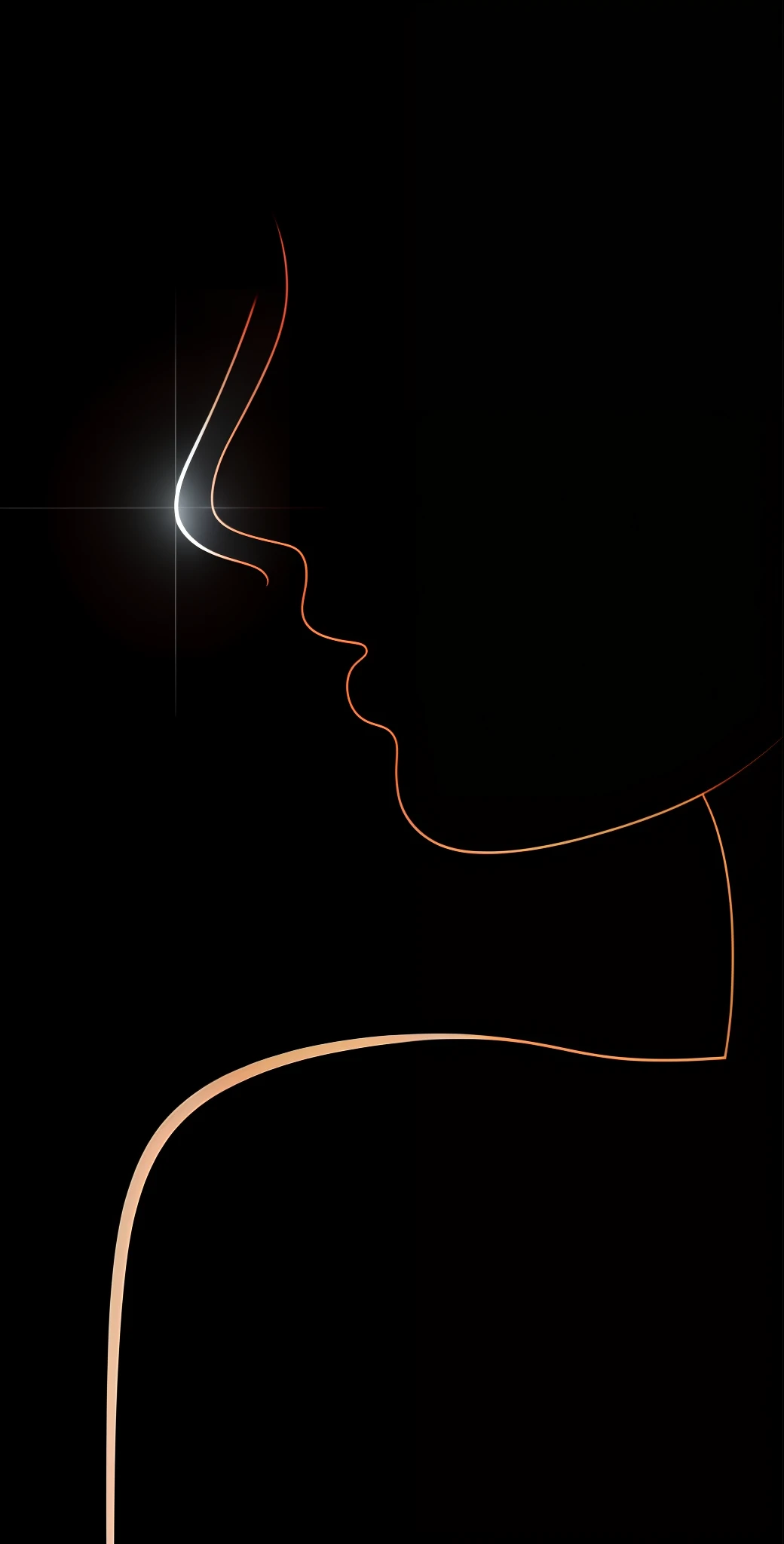Black background with a red line and a white line, a woman's profile, Profile surface, Women's profiles, face illuminated, face bright, Face profile, close - up profile face, woman silhouette, side profile artwork, Spotlight from the face, spotlight in middle of face, In profile, side profile cenetered portrait, profile pose
