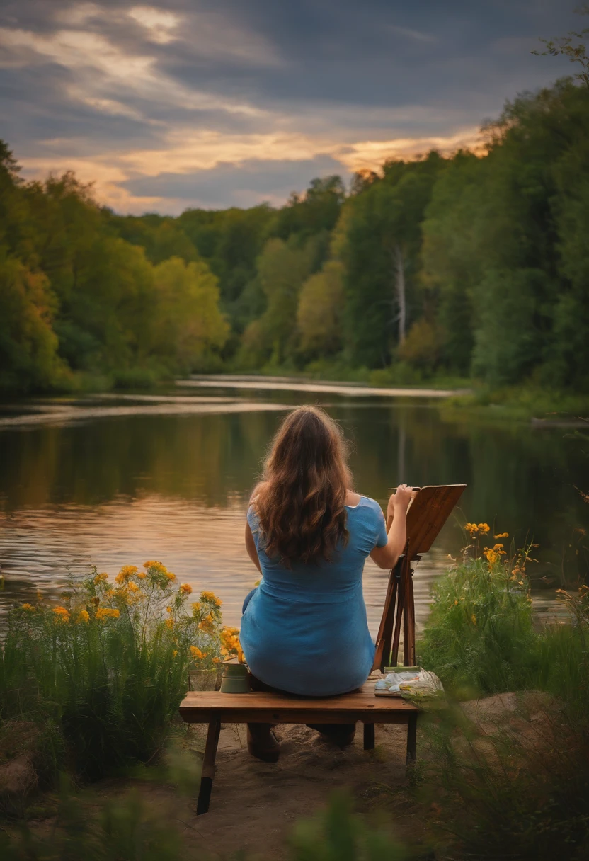 Rear view of a girl painting on canvas by the river