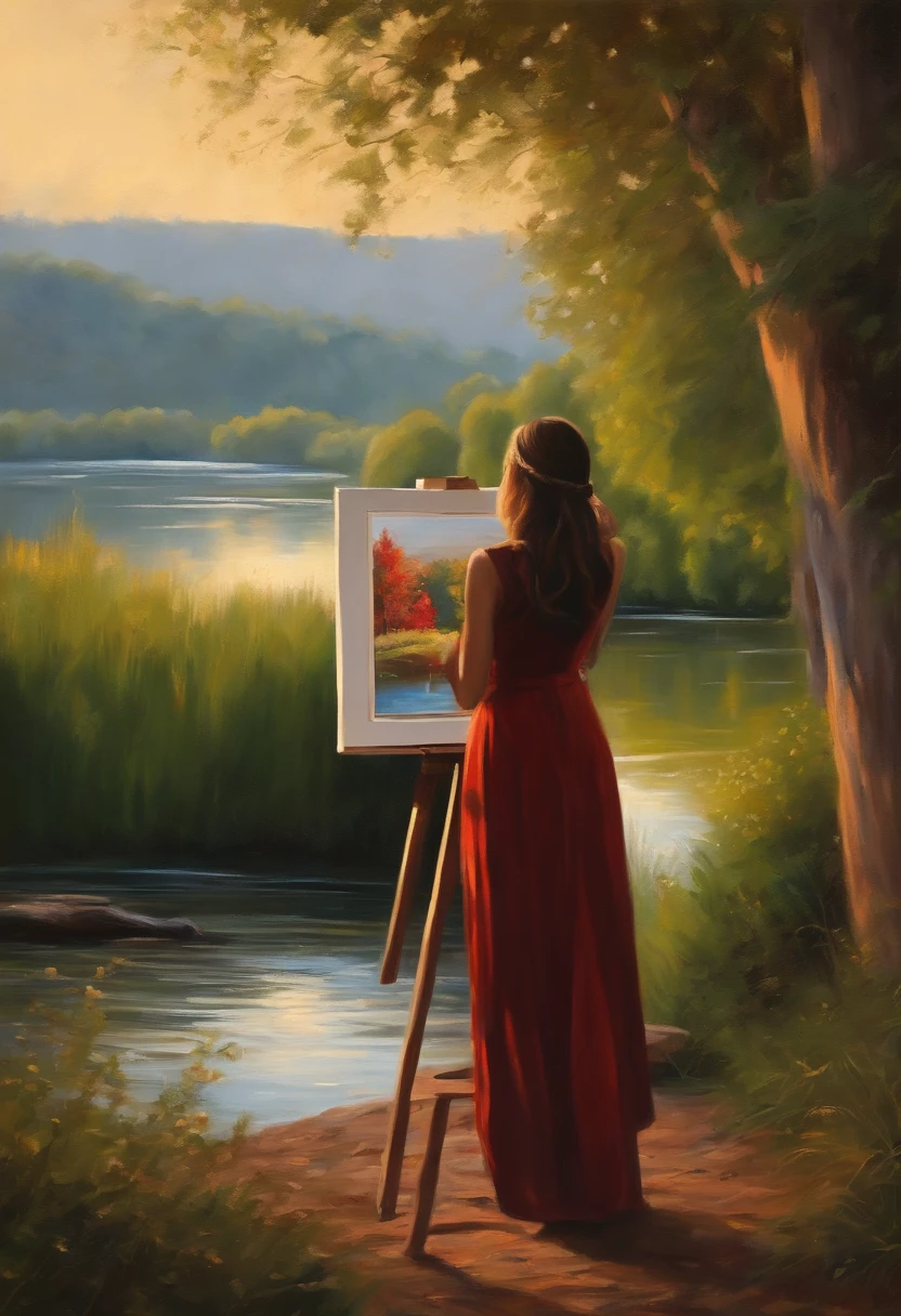 Rear view of a girl painting on canvas by the river