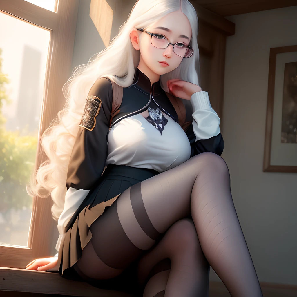 ulzzang-6500-v1.1, (raw photo:1.2), (photorealistic:1.4), beautiful detailed girl, very detailed eyes and face, beautiful detailed eyes, ridiculous, incredibly ridiculous, huge file size, super detailed, high resolution, very detailed, best quality, masterpiece, ((summer fashion clothes in different colors)), illustration, very detailed, CG, unified, 8k wallpaper, amazing, fine details, Masterpiece, best quality, very detailed CG unified 8k wallpaper, face light, movie lighting, 1girl, , long white hair, side split, (big breasts), (with glasses), (dynamic pose), (sexy pose), (camel toe), (half), (pantyhose), (black hip skirt)), (knee-bending leg sitting))