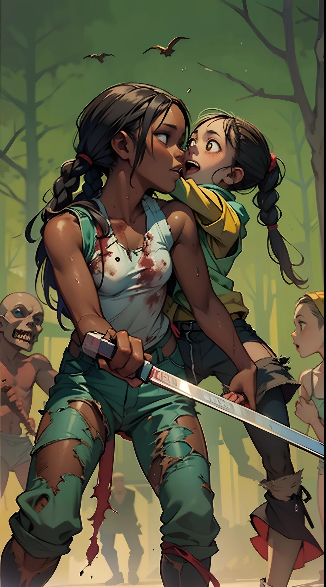 young kid (dark skin girl) with braids grabs (tall) zombie by the neck, choking zombie, fighting, fighter,
