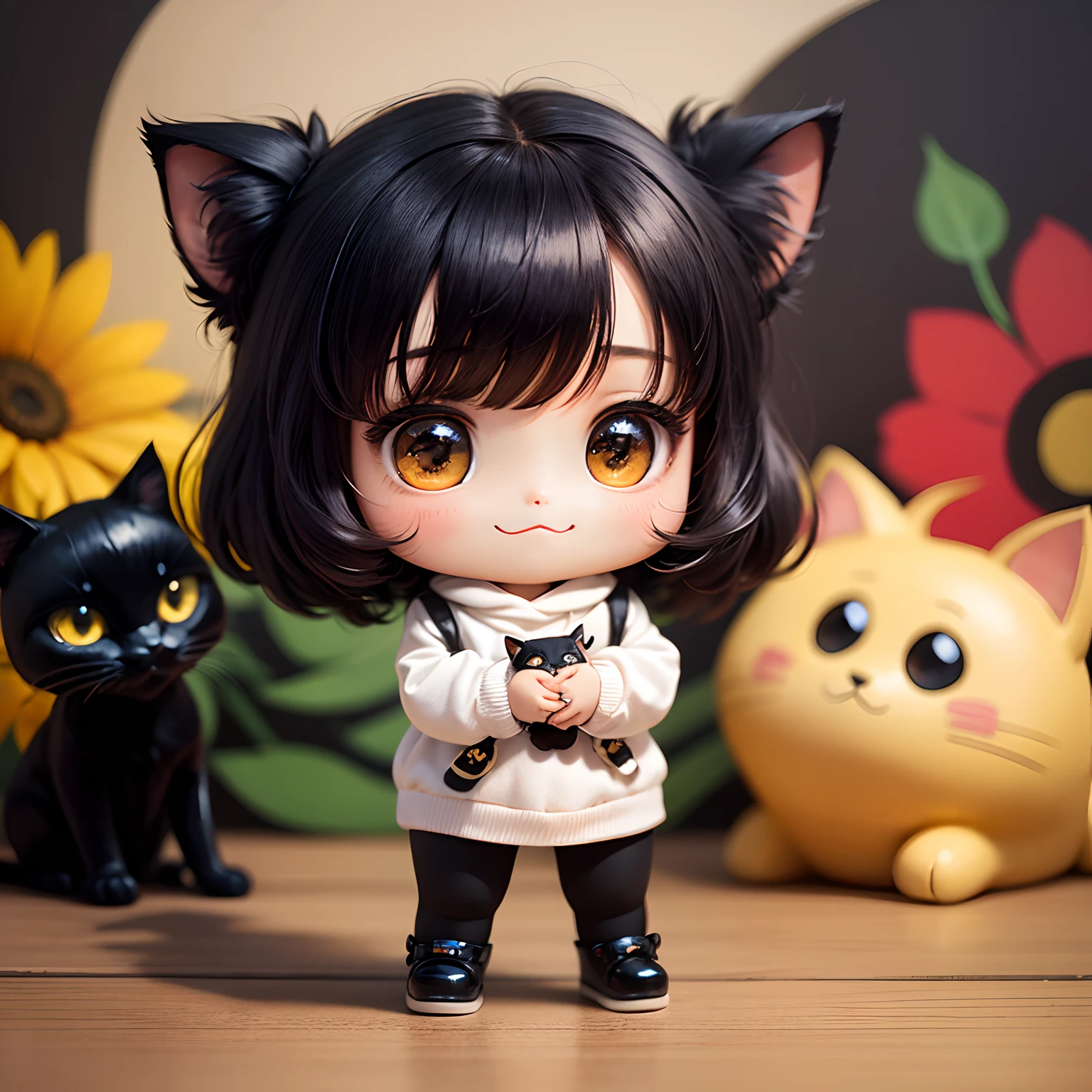 ​masterpiece、top-quality、ultra-detailliert、(Chibi Chara's Daughter:1.2)、A cute chibi character with a black cat face、Black Bob、wraith、Holding a black cat、The background is Van Gogh's painting of autumn flowers、Standing、A smile、black cat、black cat、🐈‍⬛