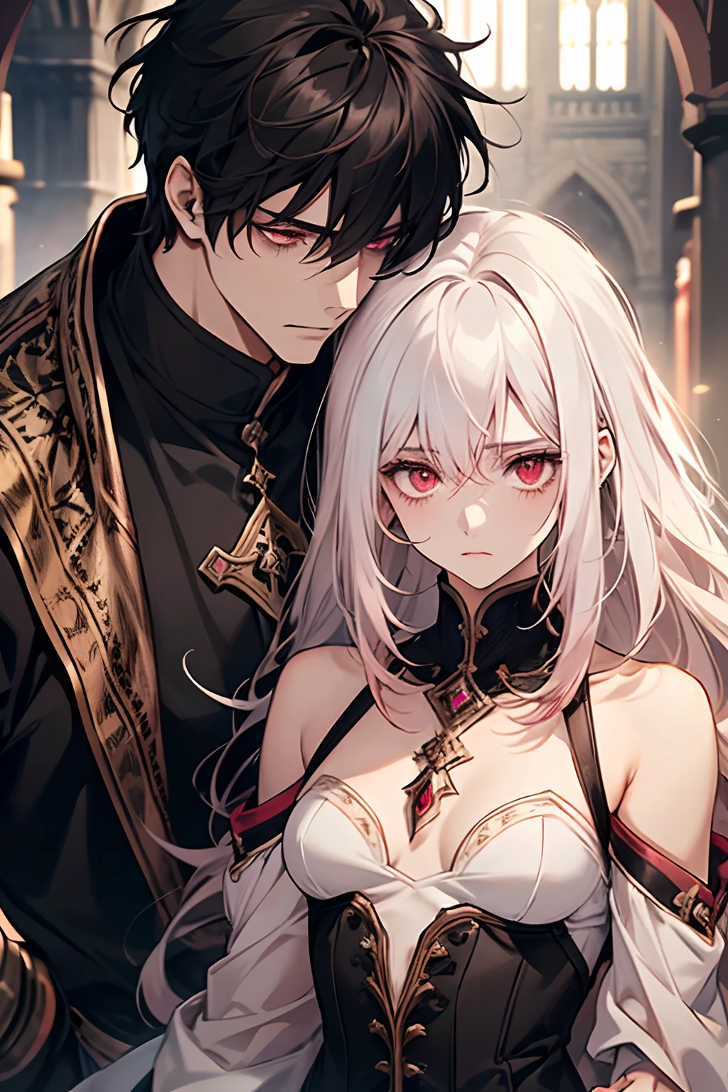 1 couple, adult, adult face, human, (male: messy black hair), (female: long white hair), (male: red eyes), (female: pink eyes), (female: small breasts), (male: handsome), (female: shy), (male:calm), medieval fantasy