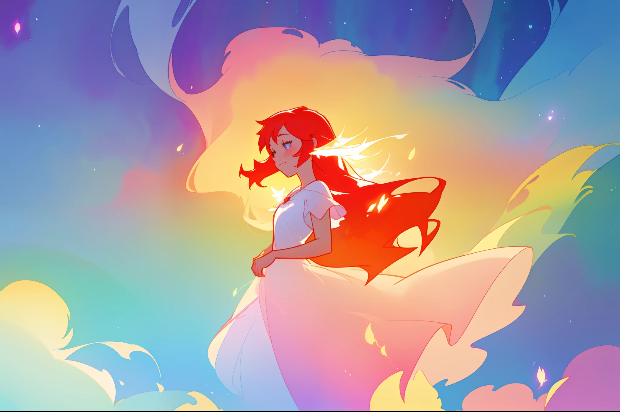beautiful girl in white dress, fairy dress, long red hair, colorful abstract watercolor background, whimsical, fantasia, inspired by Glen Keane, inspired by Lois van Baarle, disney art style, by Lois van Baarle, glowing aura around her, by Glen Keane, jen bartel, glowing lights! digital painting, flowing glowing hair, glowing flowing hair, beautiful digital illustration, fantasia otherworldly landscape plants flowers, beautiful, masterpiece, best quality, anime disney style