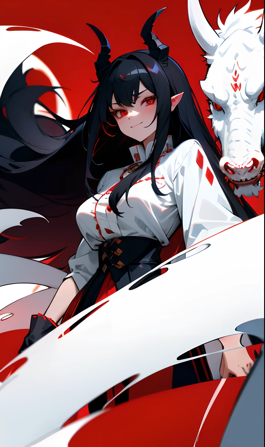 Humanoid dragon milf woman wearing red eyes and long black hair with white horns and white dragon tail while wearing a black blouse and a red overcoat over royalty