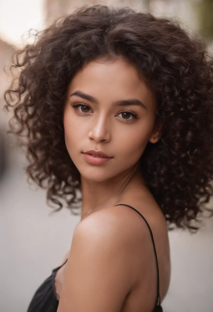 Medium brown skin black girl, 4a curly dark ash brown hair, big hair, shoulder length, freckles under her eyes and on her nose , double nose piercing, medium sized pouty lips, big dark brown eyes, round face , nerdy/awkward