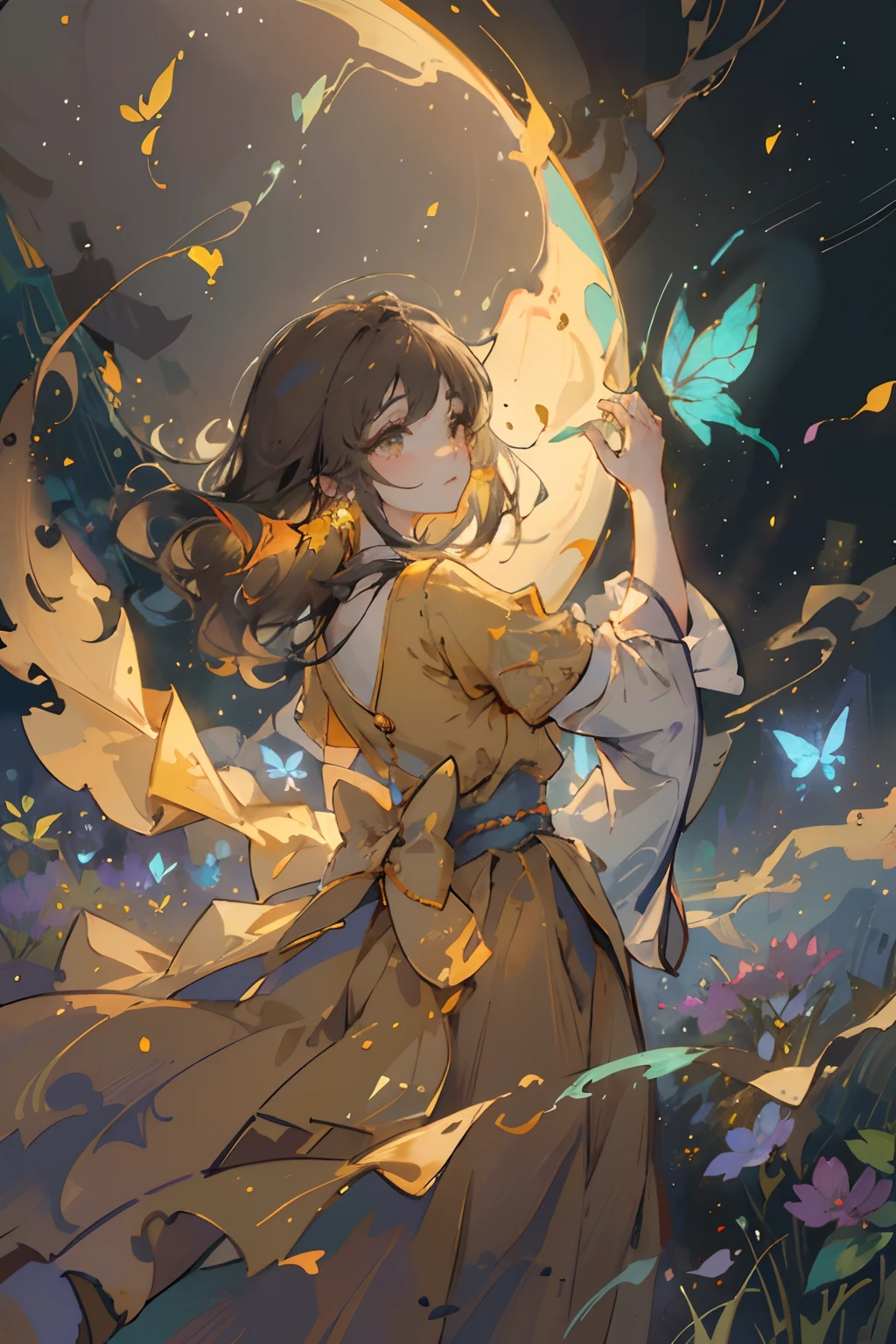 (masterpiece,best quality,high resolution),1girl,magic,mountain,brown hair,golden tree,sparkling eyes,starry night,flowing dress,floating,ethereal,happiness,bright colors,surreal,enchanted forest,mystical ambiance,peaceful,whimsical,swirling mist,moonlit sky,glowing flowers,serene expression,magical atmosphere,soft sunlight,shimmering leaves,harmonious blend,tranquil,artistic vision;element of surprise,glowing butterflies,vibrant energy,magical aura,embrace of nature,enchanted realm,harmony and balance,dream-like,fantasy realm,sunbeams,aurora borealis.