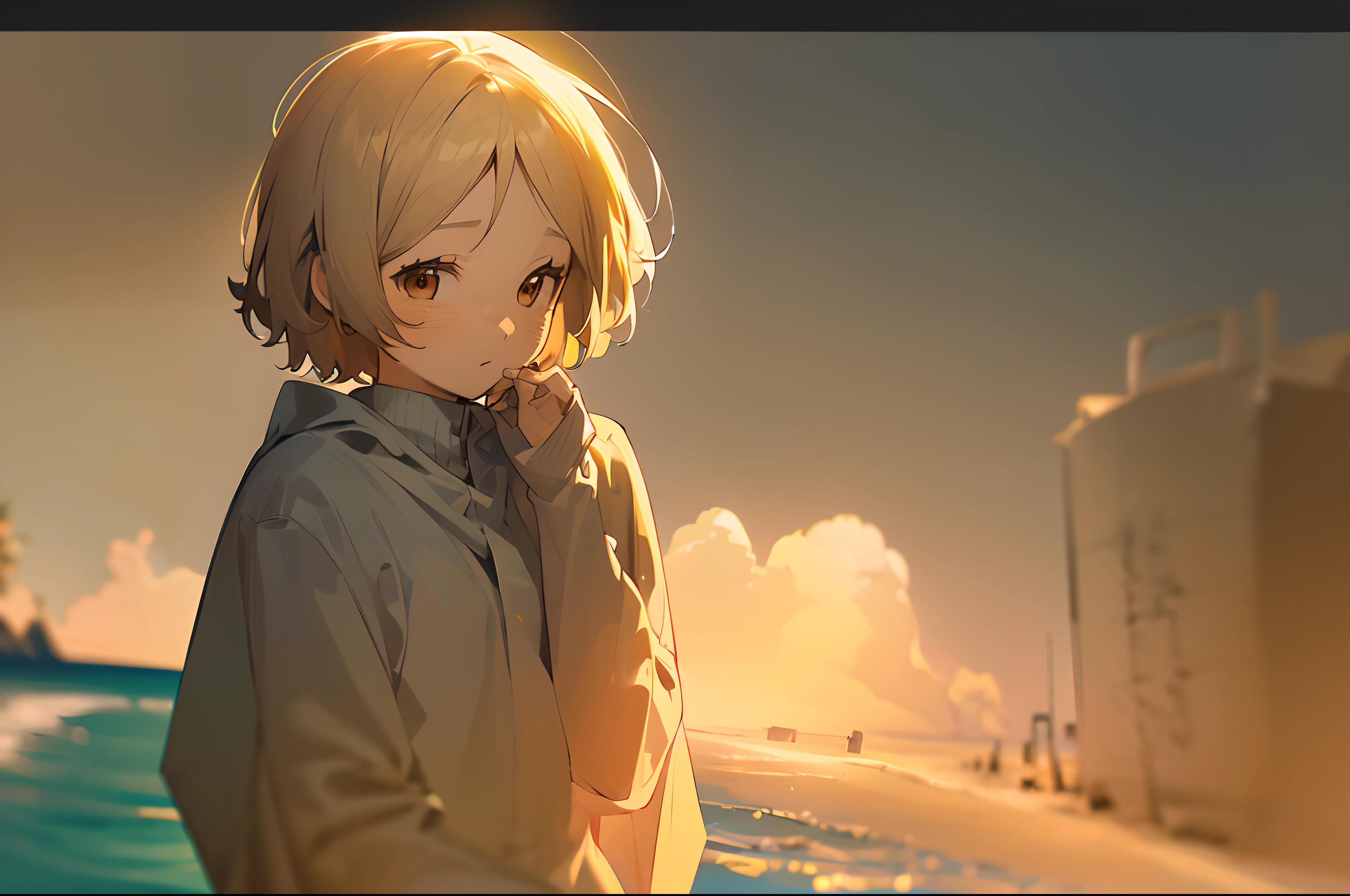 TT,(Beautiful detailed girl,Short hair),Sea,sandbeach,(Best quality,A high resolution,photo-realistic),illustration,Soft lighting,solo,anime,girl,li