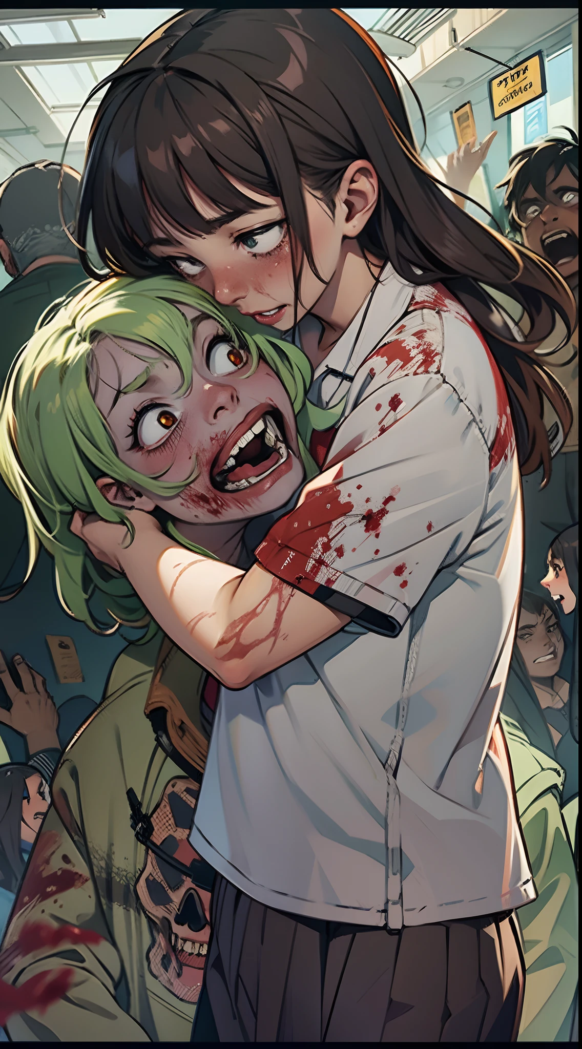 young girl grabs zombie by the neck, fighting,