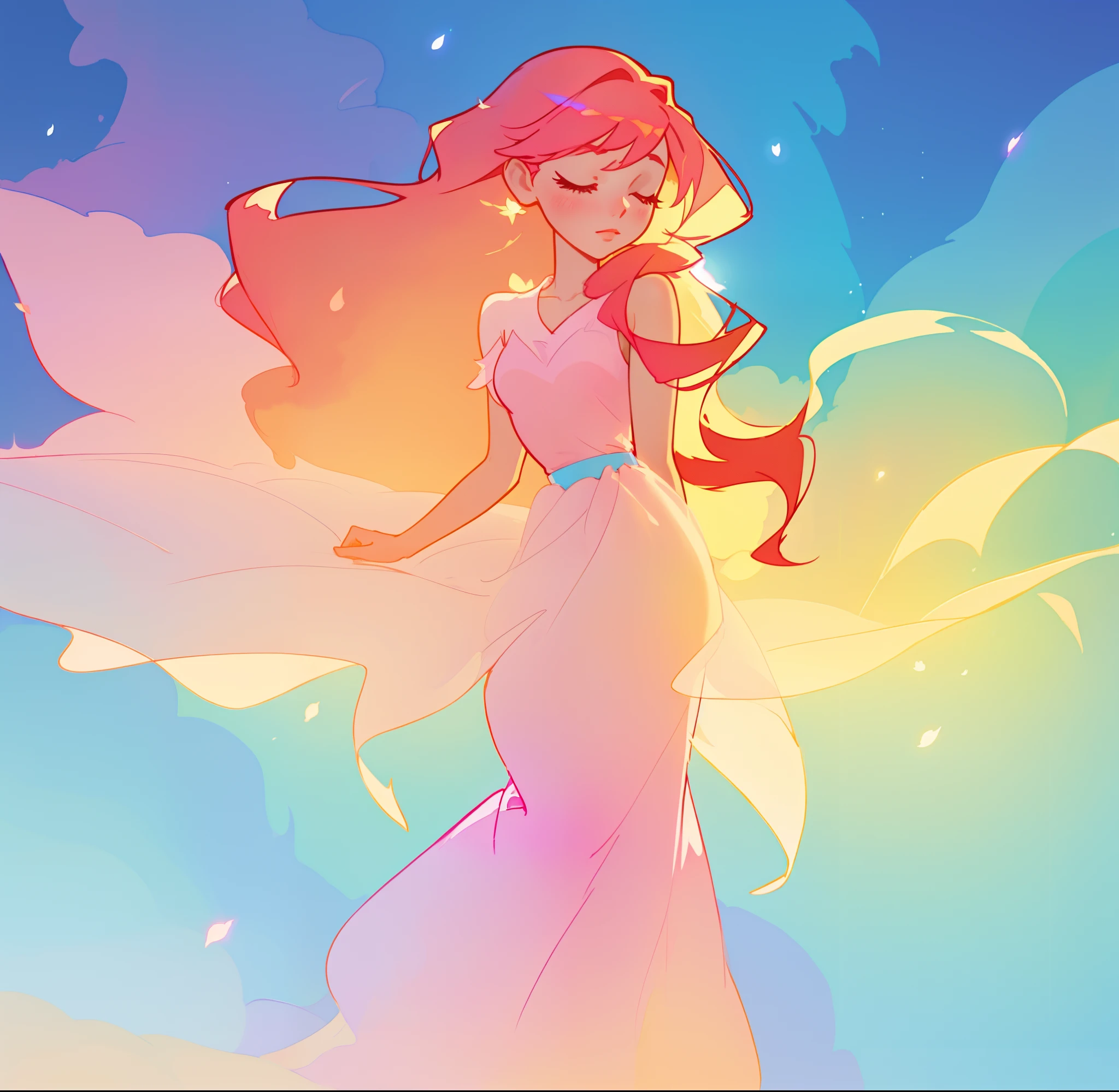beautiful girl in pink white dress, fairy dress, long gold and red hair, watercolor illustration, inspired by Glen Keane, inspired by Lois van Baarle, disney art style, by Lois van Baarle, glowing aura around her, by Glen Keane, jen bartel, glowing lights! digital painting, flowing glowing hair, glowing flowing hair, beautiful digital illustration, fantasia otherworldly landscape plants flowers, beautiful, masterpiece, best quality, anime disney style