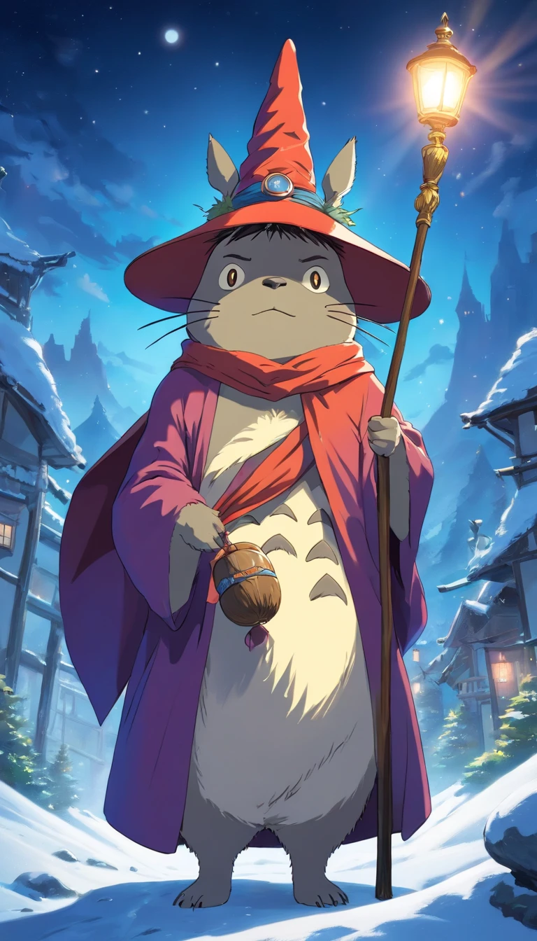 Totoro, Mage robes , Staff in hand,Wearing a wizard hat,snowfield,No Man