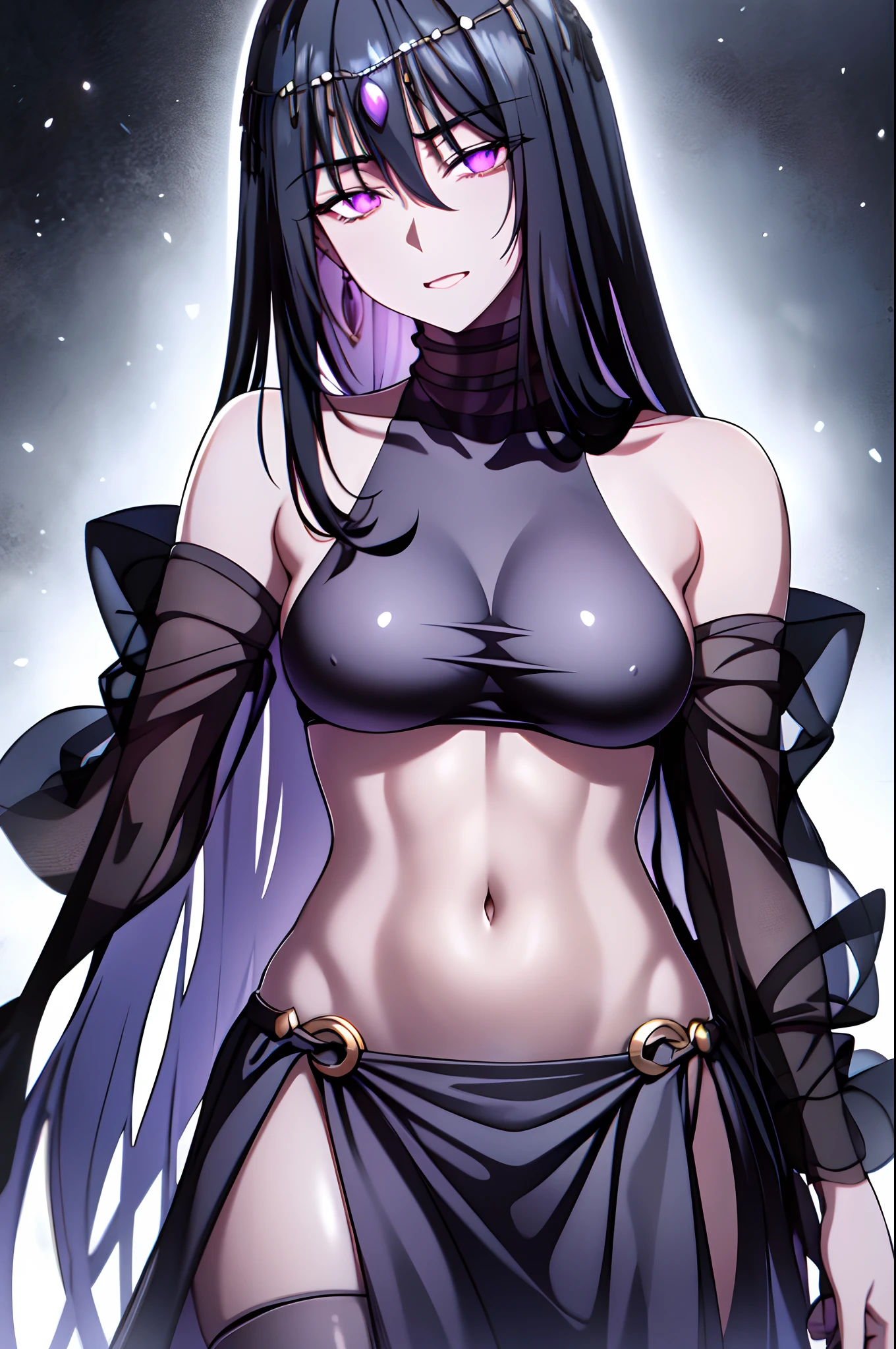 black shiny hair,purple eyes,glowing eyes,shadows beneath eyes,long hair,half closed eyes,bare midriff,navel,ferronnières,black transparent veil,black slaveless top,black velvet hip scarf,golden nec