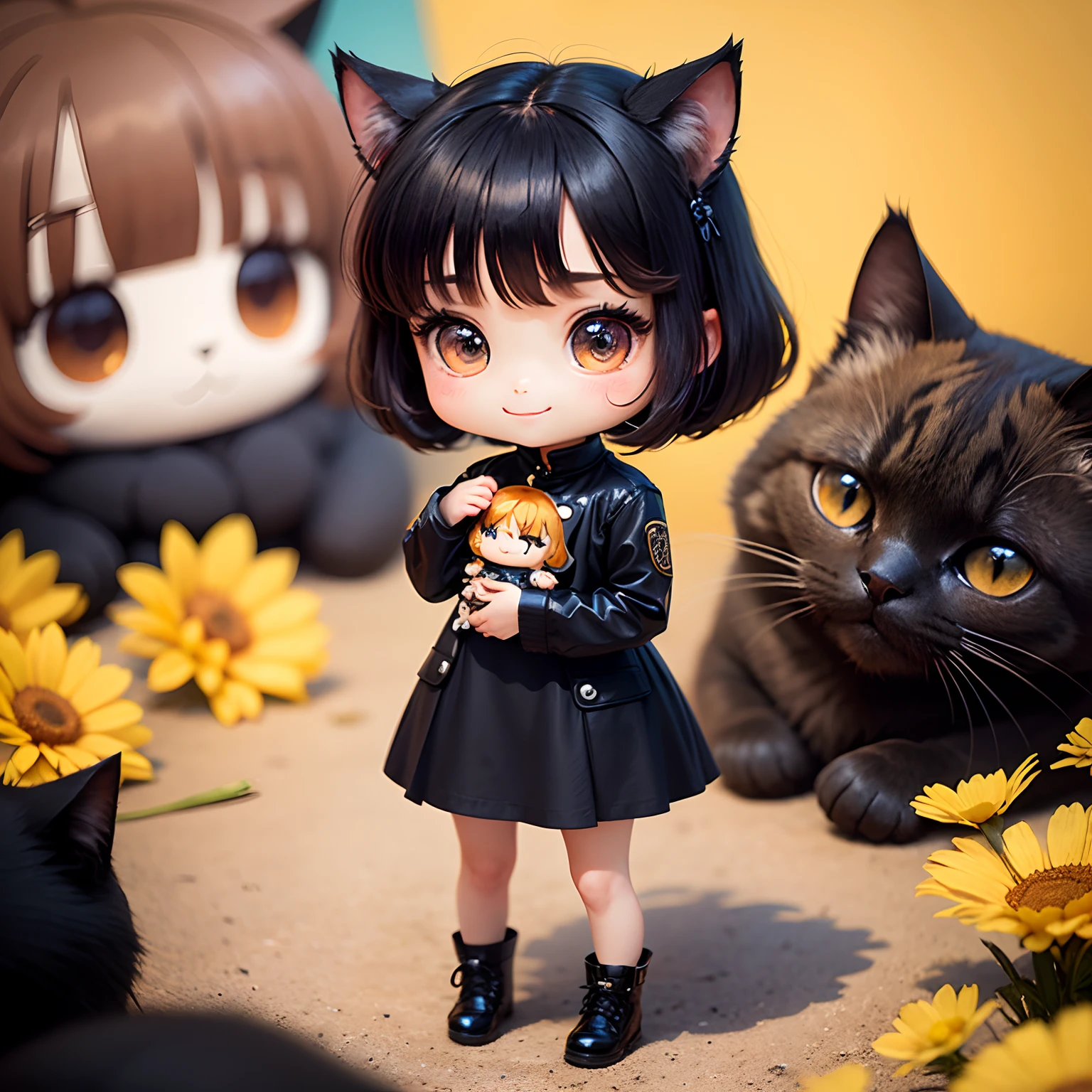 masterpiece、top-quality、ultra-detailliert、(Chibi Chara's Daughter:1.2)、A cute chibi character with a black cat face、Black Bob、wraith、Holding a black cat、The background is Van Gogh's painting of autumn flowers、Standing、A smile、Black cat、Black cat、🐈⬛