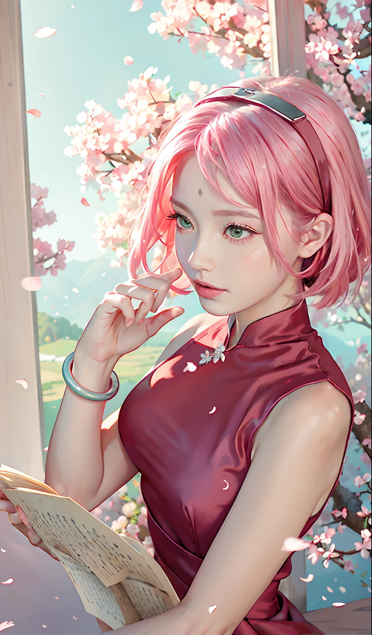 cherry blossoms, haruno sakura, 1girl, petals, pink hair, book, bracelet, jewelry, green eyes, branch, solo, forehead mark, open book, hairband, short hair, tree, spring \(season\), sleeveless, reading, dress, falling petals, pink flower, red hairband, red dress, hanami, headband, window, breasts