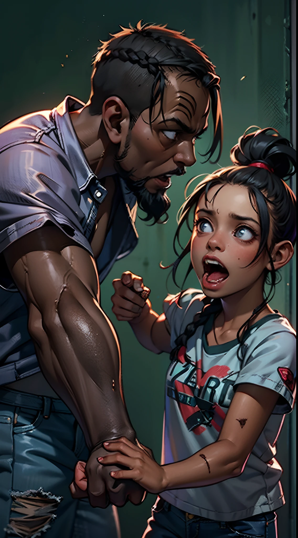 young (dark skin girl) with braids grabs zombie by the neck, choking tall adult man zombie, fighting each other, fighter, angry, (jeans and black t-shirt)