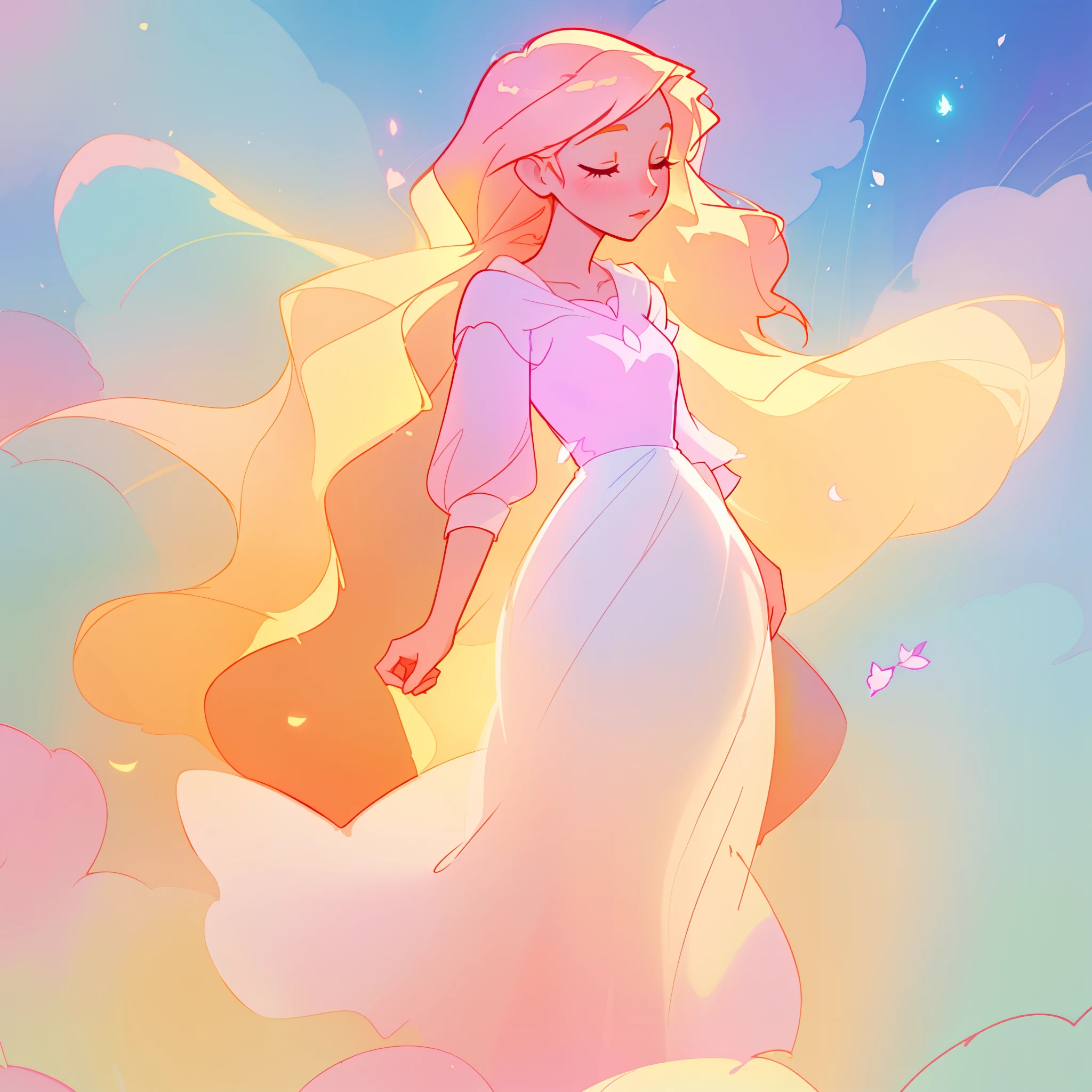 beautiful girl in pink and white dress, fairy dress, long golden hair, watercolor illustration, inspired by Glen Keane, inspired by Lois van Baarle, disney art style, by Lois van Baarle, glowing aura around her, by Glen Keane, jen bartel, glowing lights! digital painting, flowing glowing hair, glowing flowing hair, beautiful digital illustration, fantasia otherworldly landscape plants flowers, beautiful, masterpiece, best quality, anime disney style