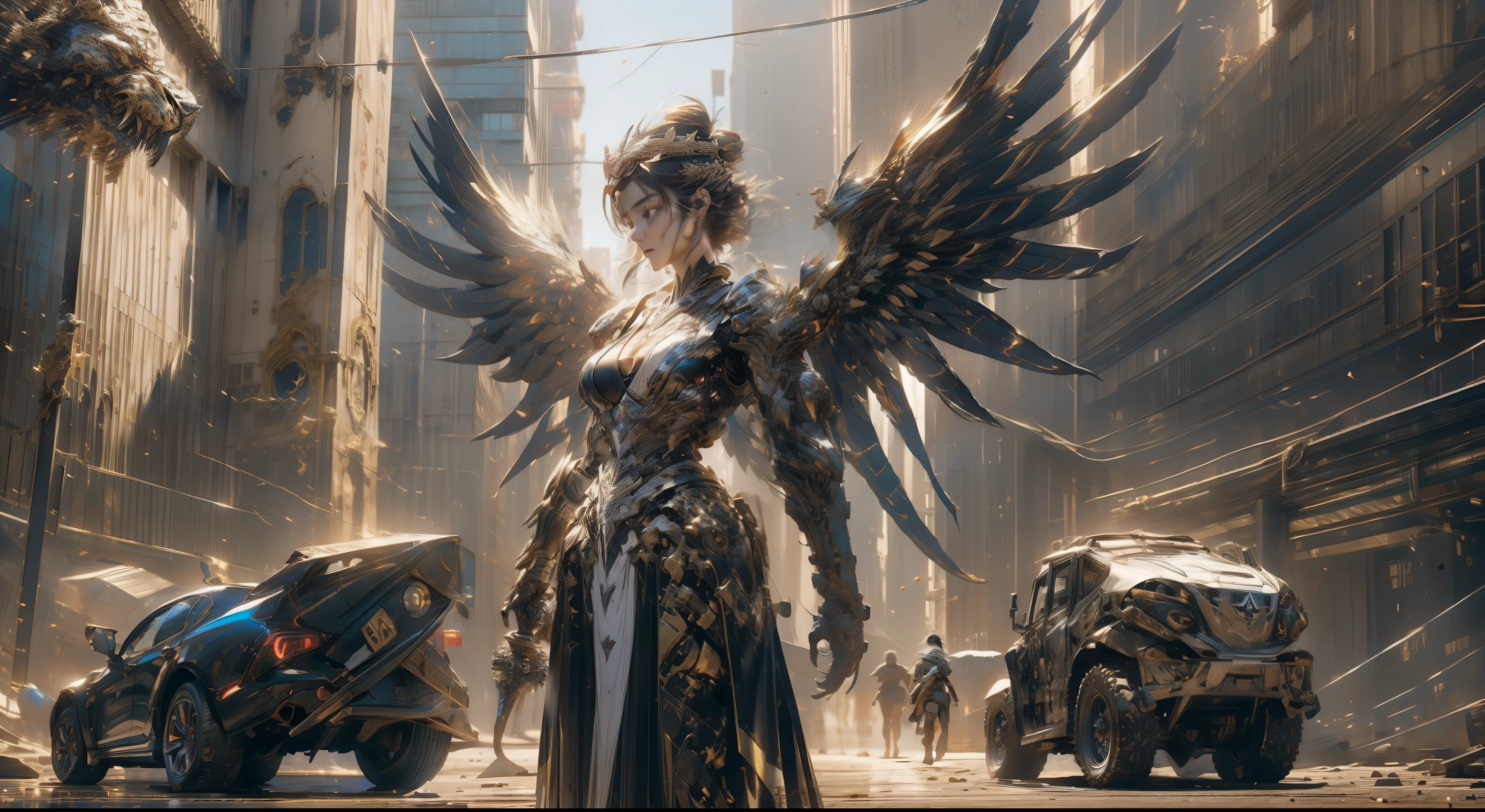 ((best qualtiy)), ((tmasterpiece)), ((Realistis)), (A detailed), (realisticlying:1.5),illusory engine, (High detail: 1.9),(femele:1.4),(big breasts beautiful: 1.4),(carismatic:1.3), (Large breasts), Female angel,Black feathered wings,beuaty girl,beauitful face, looking at viewert, dynamicposes, postapocalyptic, Destroyed city background, scientific fiction, hdr, Ray traching, NVIDIA RTX, Hyper-Resolution, Unreal 5, sub surface scattering, PBR textures, Post-processing, Anisotropic filtering, depth of fields, Maximum clarity and sharpness, trichotomy,8K original,(Luminous Particle:1.4),(VerydetailedCG,Unity 8k壁纸,cinmatic lighting,lens flare glow),Reflectors,Sharp focus,black toga