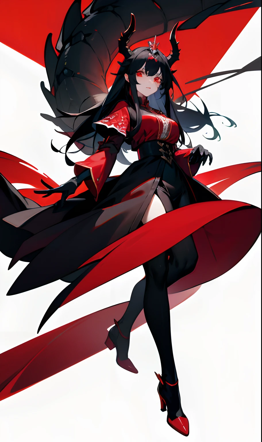 Humanoid dragon milf woman wearing red eyes and long black hair with white horns and white dragon tail while wearing a black blouse and a red overcoat over royalty wearing a glove on her black right hand