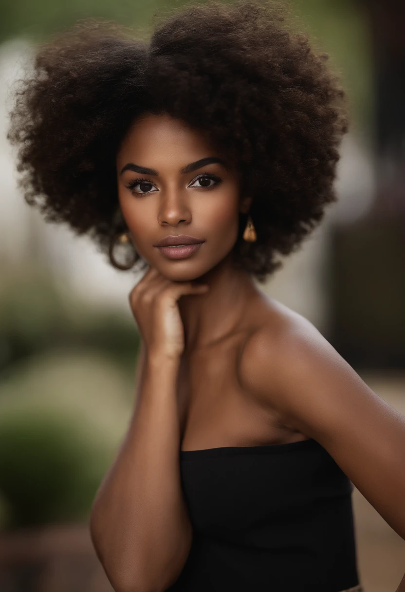Medium brown skin black girl, 4a curly dark ash brown hair, big hair, shoulder length, freckles under her eyes and on her nose , nose piercing, medium sized pouty lips, big dark brown eyes, round face , nerdy/awkward, 24 years old