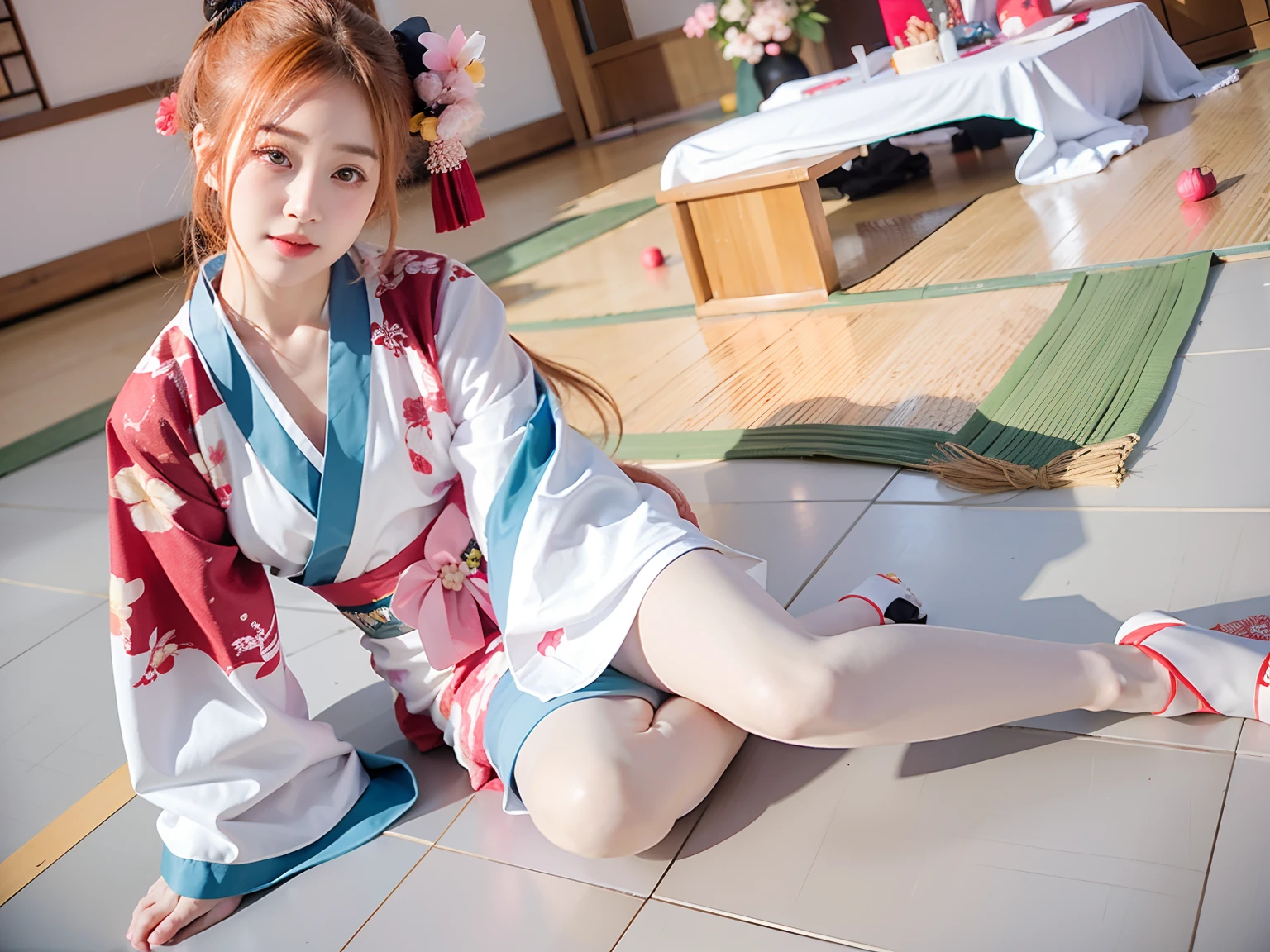 On the floor sits a woman in a kimono, Anime girl cosplay, Ayaka cosplay, komono, cosplay foto, the anime girl is crouching, in a kimono, Anime cosplay, Japanese goddess, Sakura Haruno, in a kimono, Wearing a kimono, taken with canon eos 5 d mark iv, sakura petals around her, pale and coloured kimono