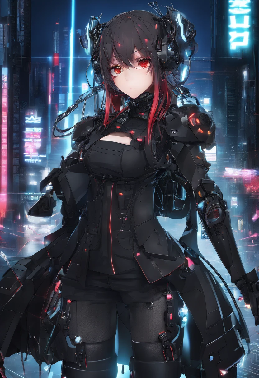 Anime shoujo,tmasterpiece,solo person,Black trench coat,Black knee-length socks,Red glowing eyes,whaite hair,flatchest,with hands behind her back,high - tech