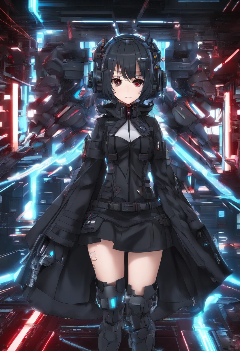 Anime shoujo,tmasterpiece,solo person,Black trench coat,Black knee-length socks,Red glowing eyes,whaite hair,flatchest,with hands behind her back,high - tech