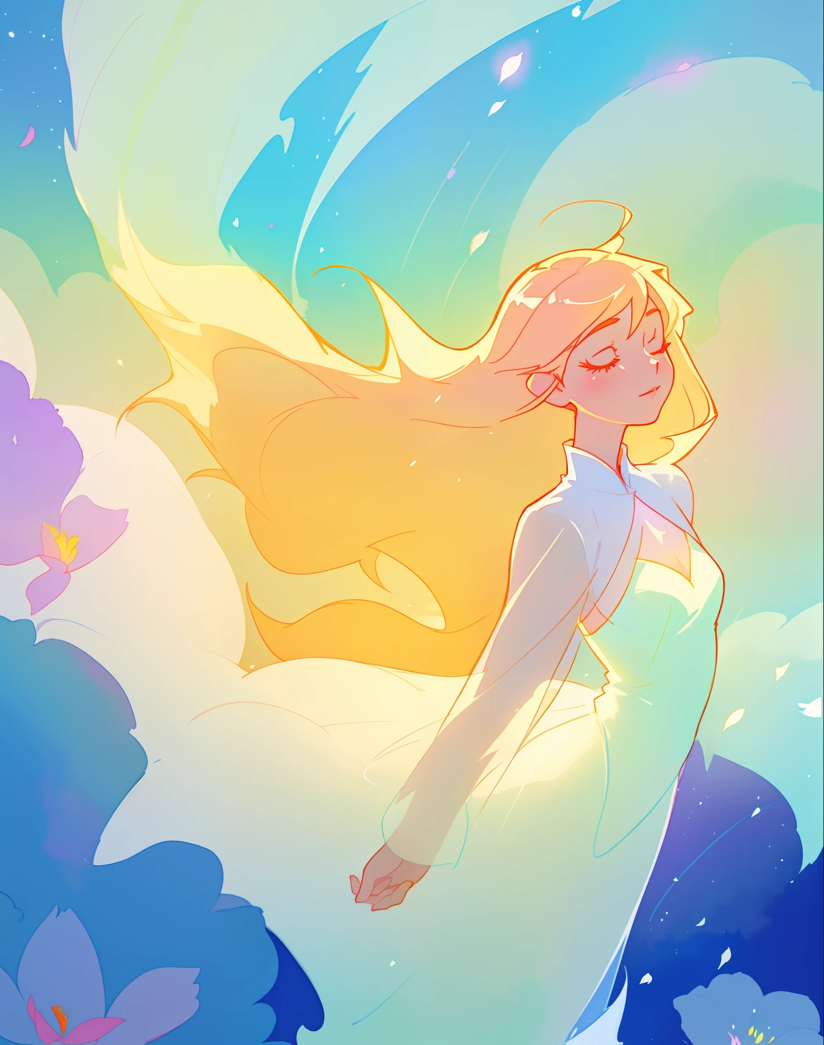 beautiful girl in white dress, fairy dress, long golden hair, watercolor illustration, inspired by Glen Keane, inspired by Lois van Baarle, disney art style, by Lois van Baarle, glowing aura around her, by Glen Keane, jen bartel, glowing lights! digital painting, flowing glowing hair, glowing flowing hair, beautiful digital illustration, fantasia otherworldly landscape plants flowers, beautiful, masterpiece, best quality, anime disney style