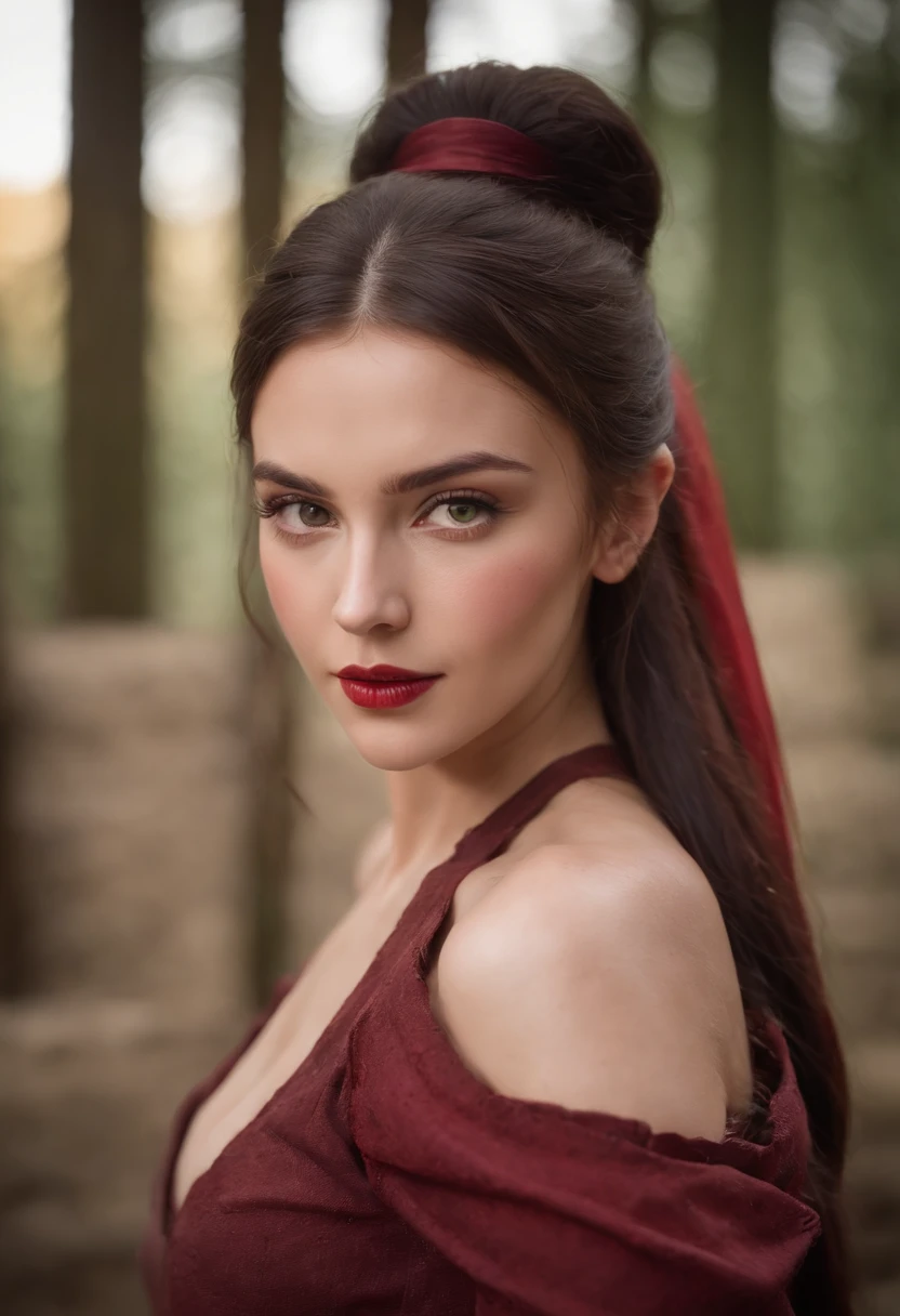 (((A deep red wound streaked across her left cheek))) Fair complexion, A woman around 19 years old, cabelos preto e longos，High ponytail, Unique green eyes, Wear Cole, Slender and graceful, Beautiful, Candlelight in a medieval setting, super sharp focus, realistic lens, Medieval women's clothing, Four colors (Scar:1.4)