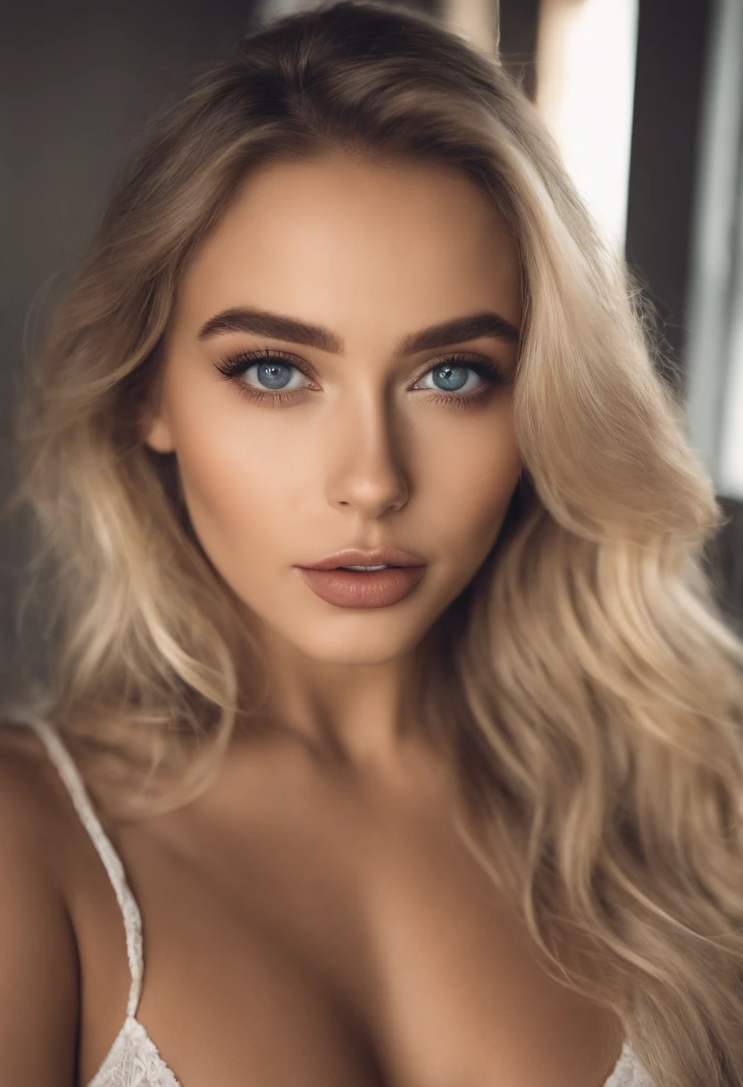 woman with matching tank top and panties, fille sexy aux yeux bleus, Portrait Sophie Mudd, Portrait de Corinna Kopf, cheveux blonds et grands yeux, selfie of a young woman, ohne Maquillage, maquillage naturel, Look directly into the camera, Visage avec Artgram, dezentes Maquillage, Superbe photo du corps entier, dans la chambre, gros seins, Blonde