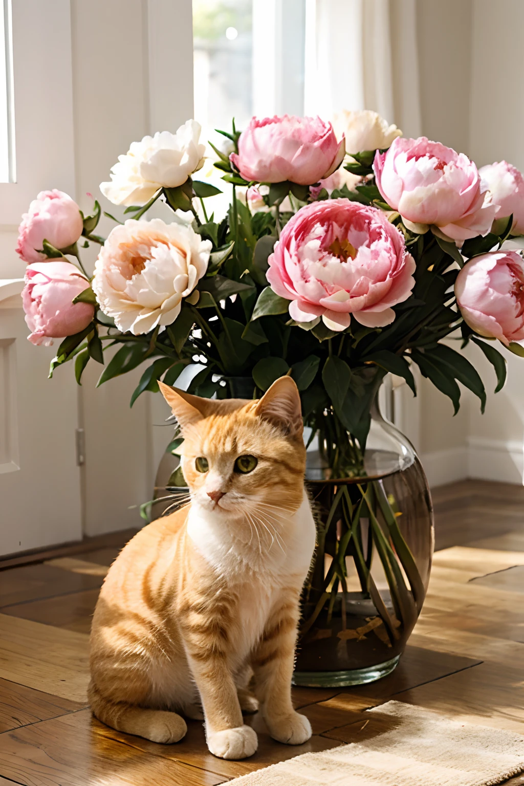 cute small yellow cat sit next to the peonies vase
