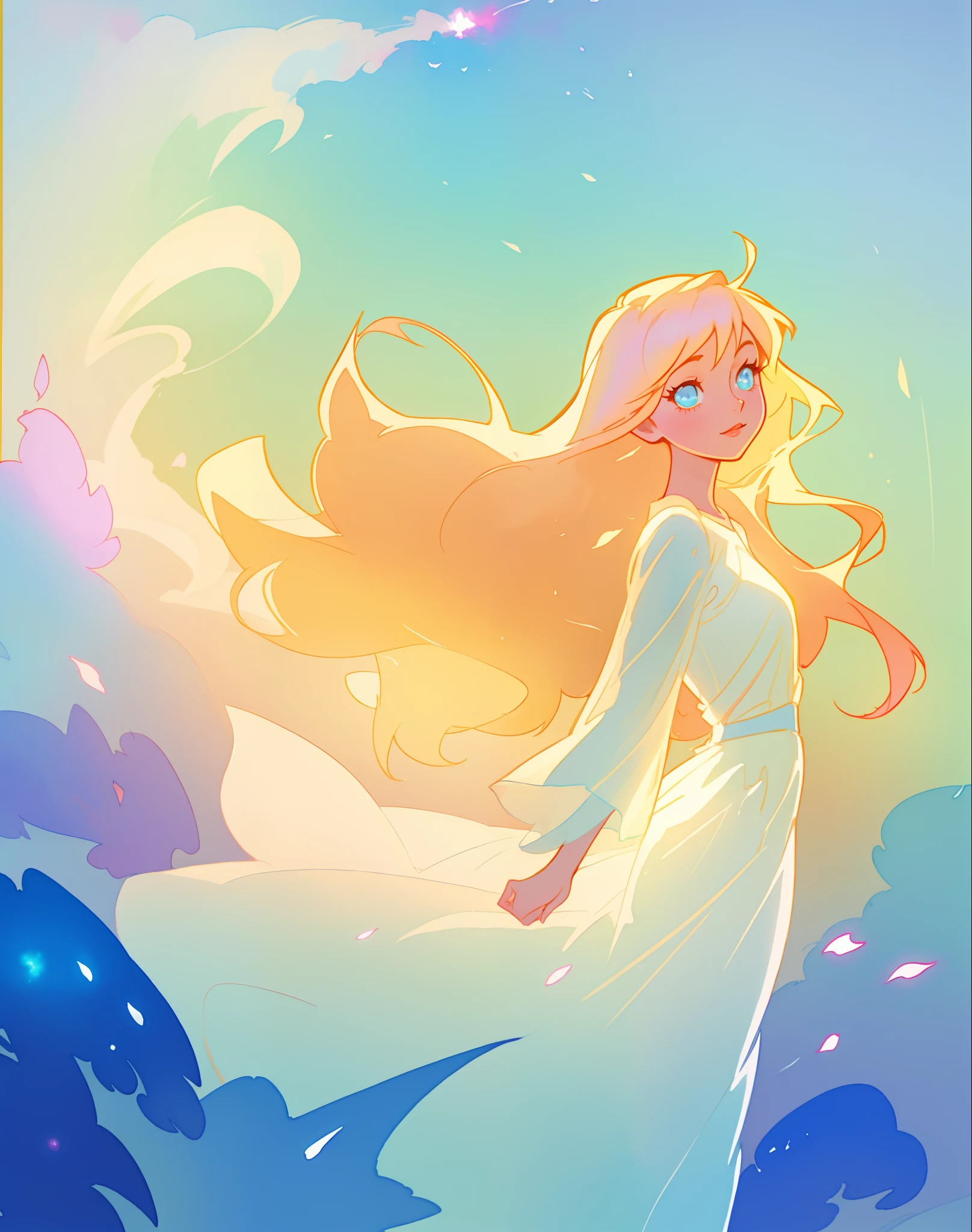 beautiful girl in white dress, fairy dress, long golden hair, watercolor illustration, inspired by Glen Keane, inspired by Lois van Baarle, disney art style, by Lois van Baarle, glowing aura around her, by Glen Keane, jen bartel, glowing lights! digital painting, flowing glowing hair, glowing flowing hair, beautiful digital illustration, fantasia otherworldly landscape plants flowers, beautiful, masterpiece, best quality, anime disney style