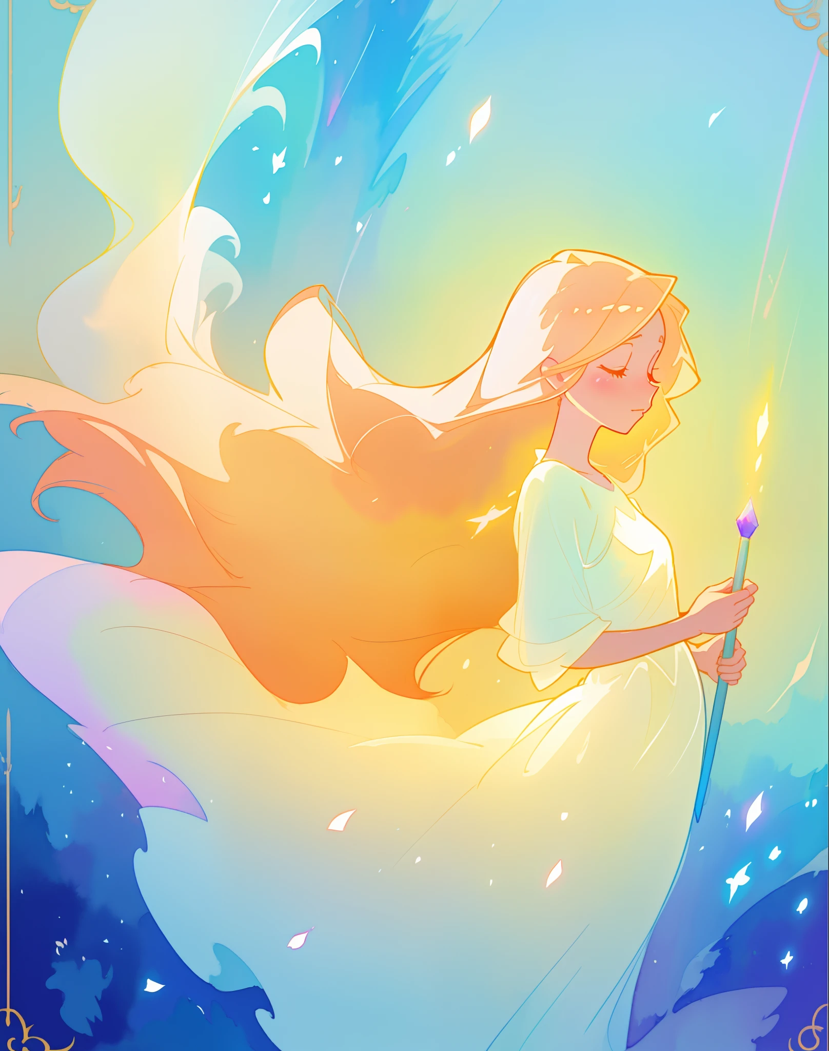 beautiful girl in white dress, fairy dress, long golden hair, watercolor illustration, inspired by Glen Keane, inspired by Lois van Baarle, disney art style, by Lois van Baarle, glowing aura around her, by Glen Keane, jen bartel, glowing lights! digital painting, flowing glowing hair, glowing flowing hair, beautiful digital illustration, fantasia otherworldly landscape plants flowers, beautiful, masterpiece, best quality, anime disney style