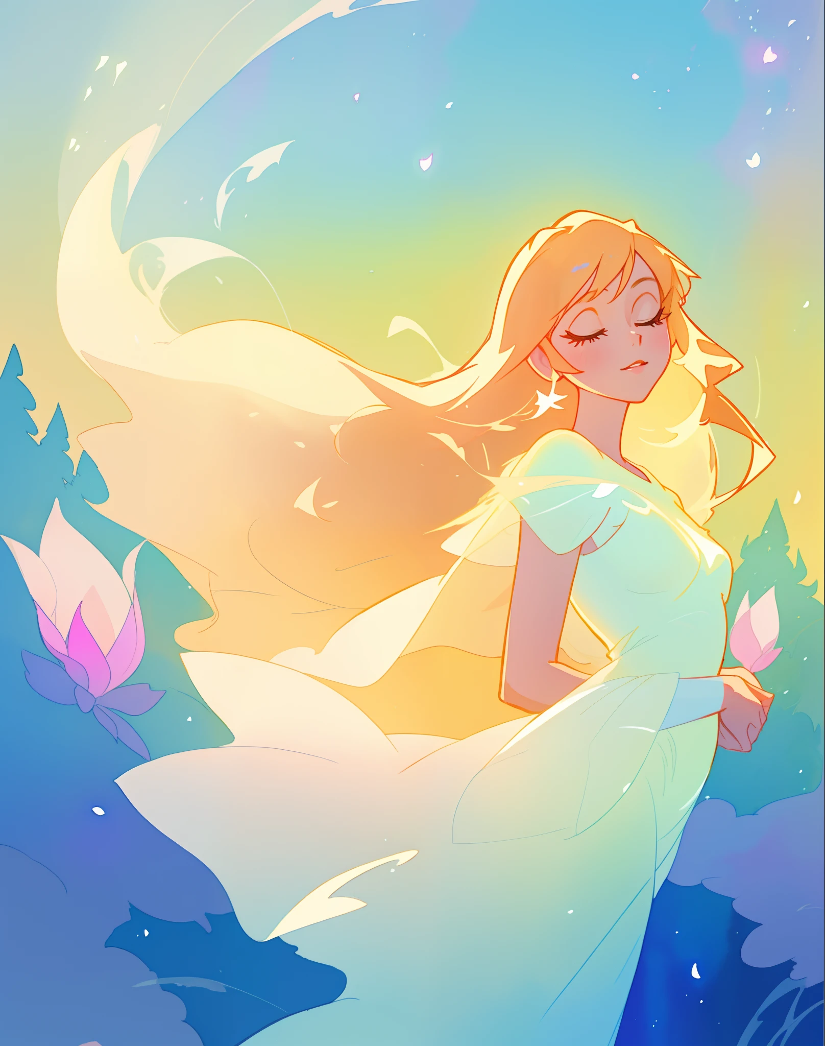 beautiful girl in white dress, fairy dress, long golden hair, watercolor illustration, inspired by Glen Keane, inspired by Lois van Baarle, disney art style, by Lois van Baarle, glowing aura around her, by Glen Keane, jen bartel, glowing lights! digital painting, flowing glowing hair, glowing flowing hair, beautiful digital illustration, fantasia otherworldly landscape plants flowers, beautiful, masterpiece, best quality, anime disney style