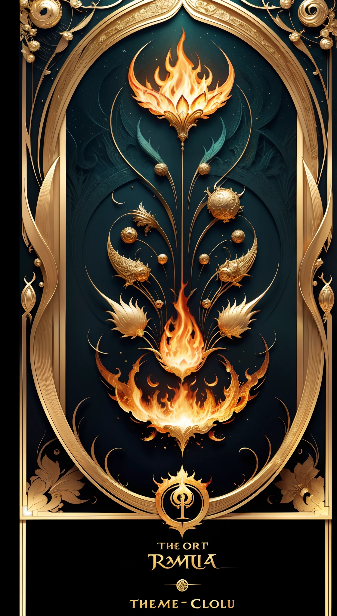 tarot cards，Full tarot border，(The image is surrounded by a tarot card-style border:1.8),The back of the card，A magic ring set with emerald gemstones，，a black cloak，Giant scythe，Great giants，Roman mythology，8k wallpaper, Ultra-detailed, Beautiful and aesthetically pleasing, tmasterpiece, best qualityer, (s fractal art: 1.3), erupting volcano, extremely detaile, dynamic angle, Cowboy shot, The most beautiful forms of chaos, elegant, Fauvistdesign, vivd colour, romanticism lain, hell, Buble, shells, Blood, pearls，magma,火焰, Libra, skulls, Vintage style，（zentangle，datura，Tangles，entangled）， (s fractal art: 1.3)，holy rays，gold foil，Gold leaf art，glitter drawing，Full tarot border，（Full border 1.5），Fang Yi，（The border is centered at 1.8），(theelementoffire:1.4),Composed of fire elements，Highly realistic,Sci-fi lighting effects,Flame,hoang lap，climaxing，Looking down from above，simple backgound，No one