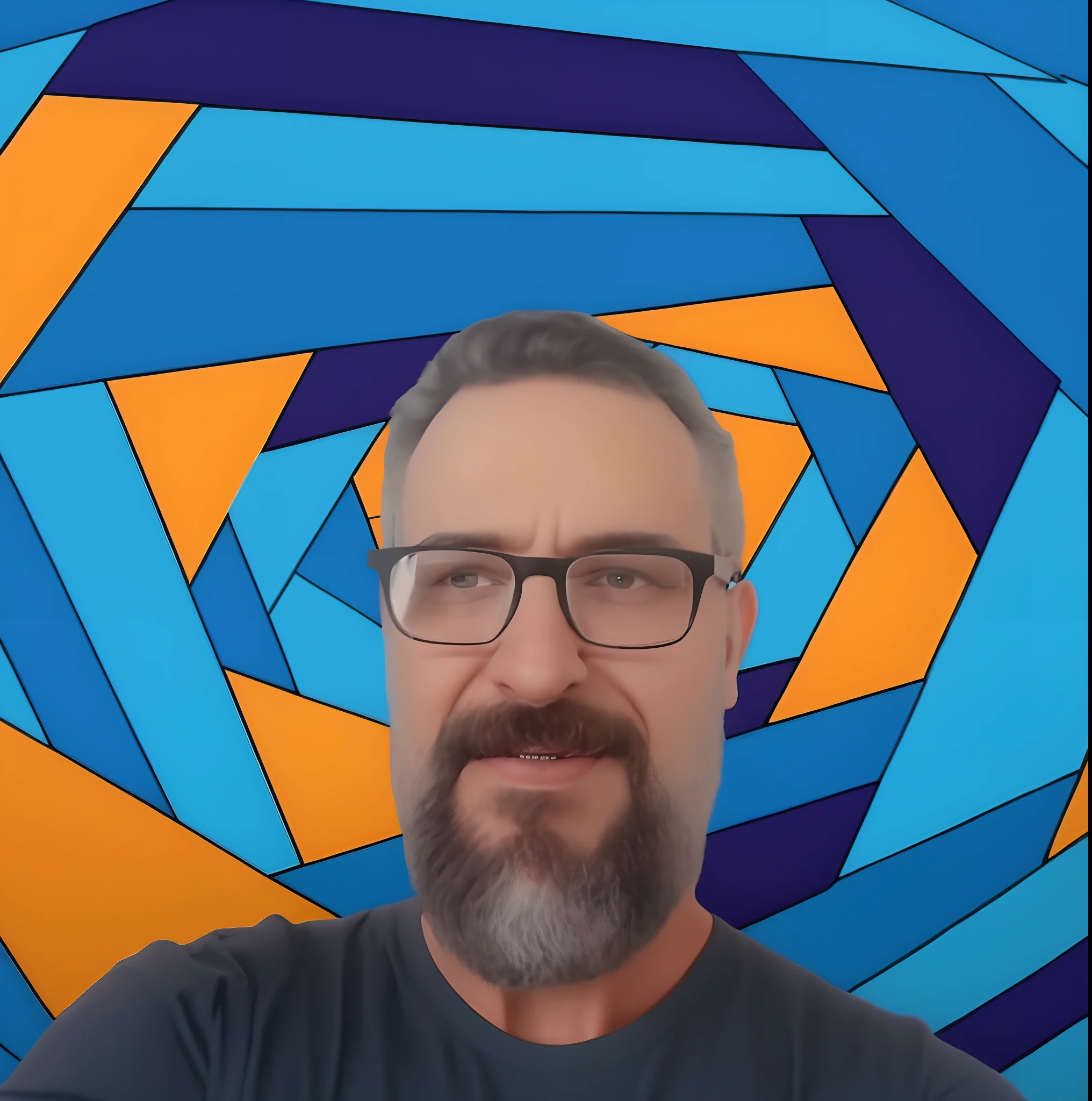 arafed image of a man with glasses and a beard, youtube video screenshot, imagem do avatar, foto de perfil, Retrato NFT, triangles in background, barba fractal, me, desenho digital 2d, AI Autorretrato, O metaverso criptografado, Postagem no Reddit, imagem de perfil, rodopiando, Aparecendo do fundo, Voronoi, Miniatura do YouTube