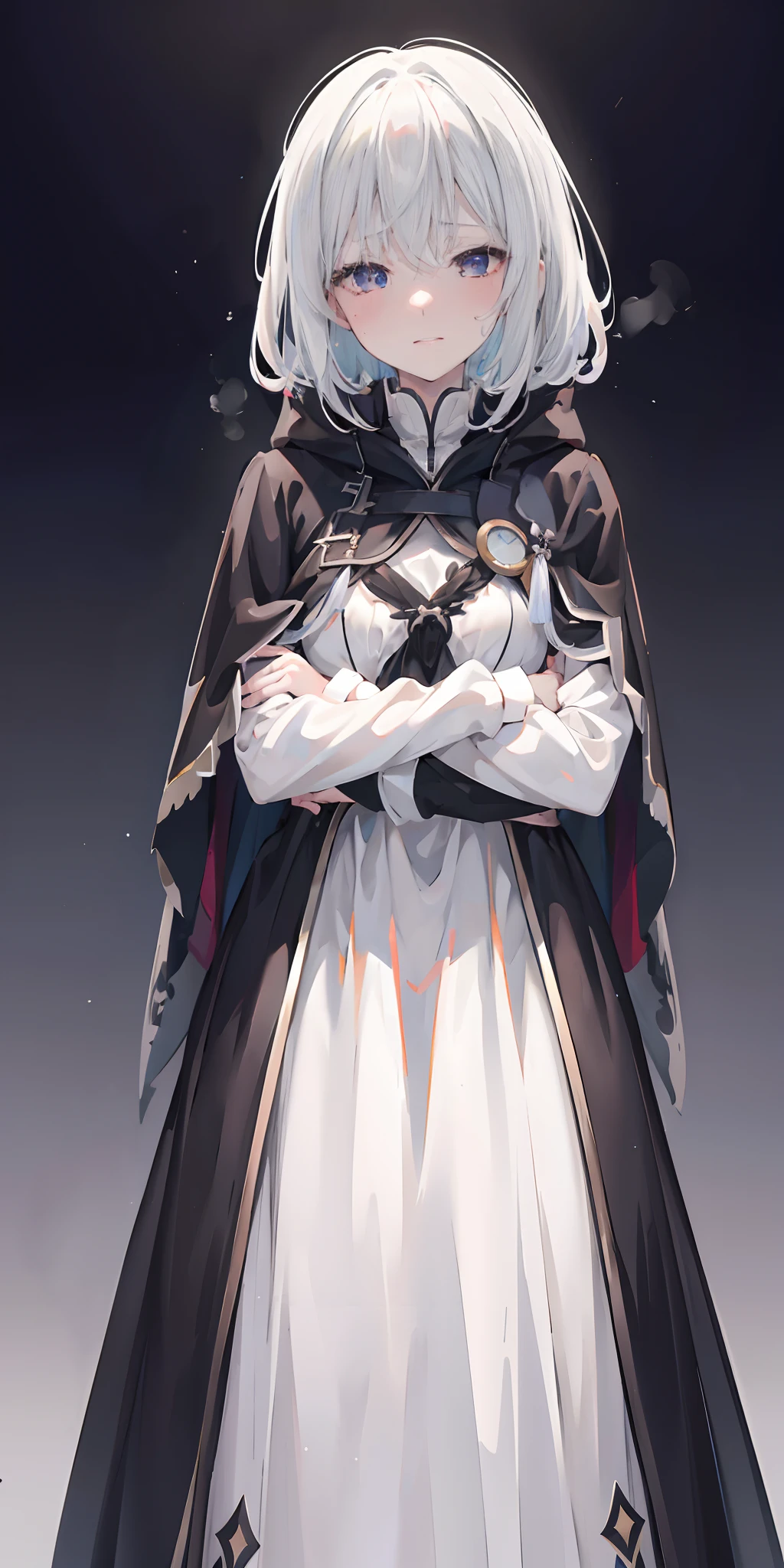 Elaina,white ash hair, anime girl, medium-length dress, (black cloak:1.2), pale face, sweating, heavy breath, blushing, (best quality:1.2), ultra-detailed,realistic ,portraits, vivid colors, soft lighting, interesting PoV