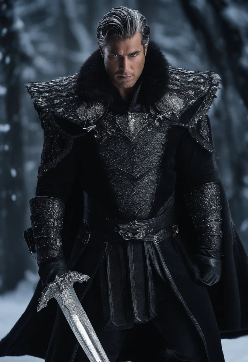 Um guerreiro negro de pele escura, com olhos penetrantes, um corte punk de cabelo preto e uma cicatriz em forma de cristal de gelo no olho esquerdo, fruit of his power over the icy element. As a leading figure among the Ice Warriors, David Martinez is a strong and determined individual who goes to great lengths to defend his people..